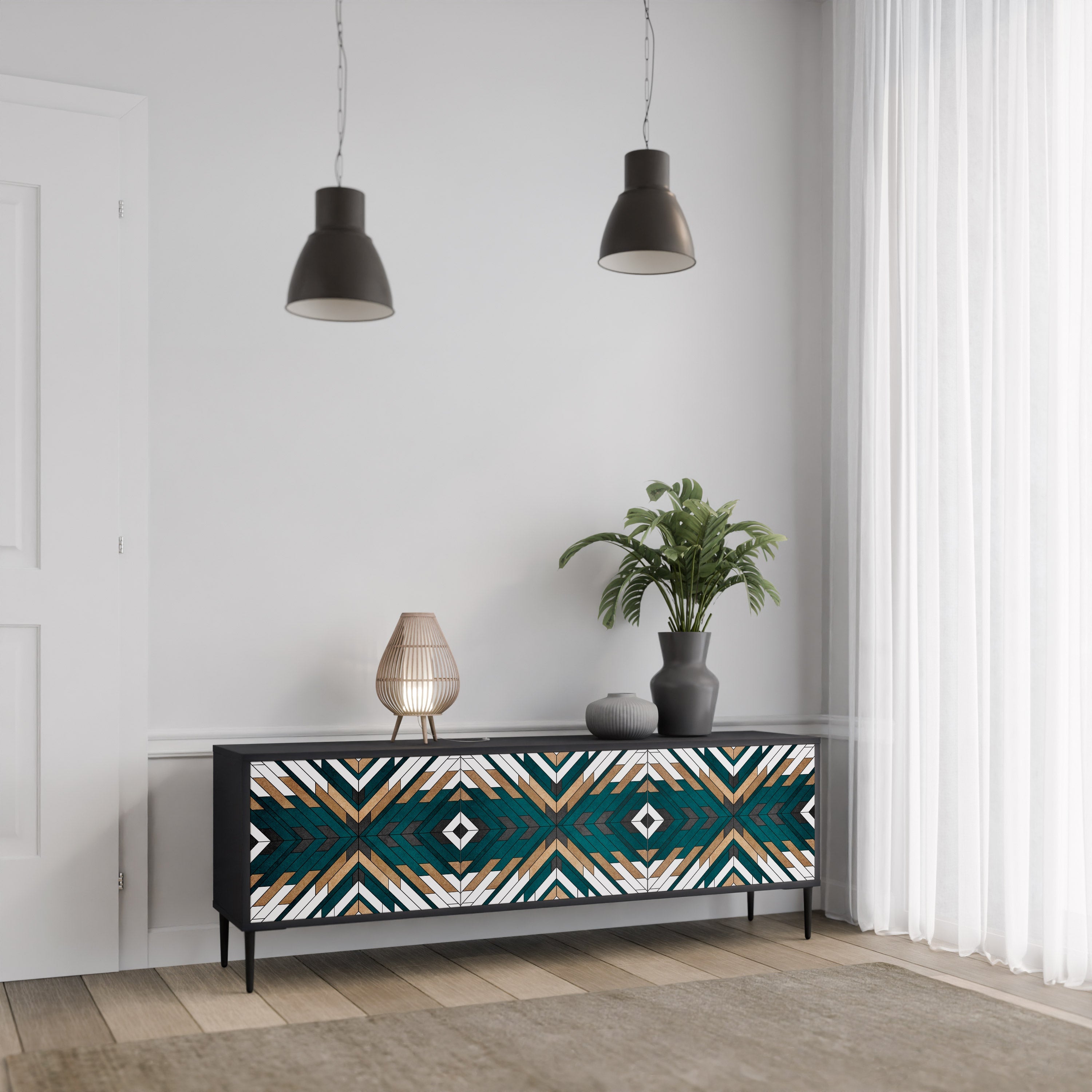 Meuble TV 3 portes ARTISTIC GEOMETRY en finition noire