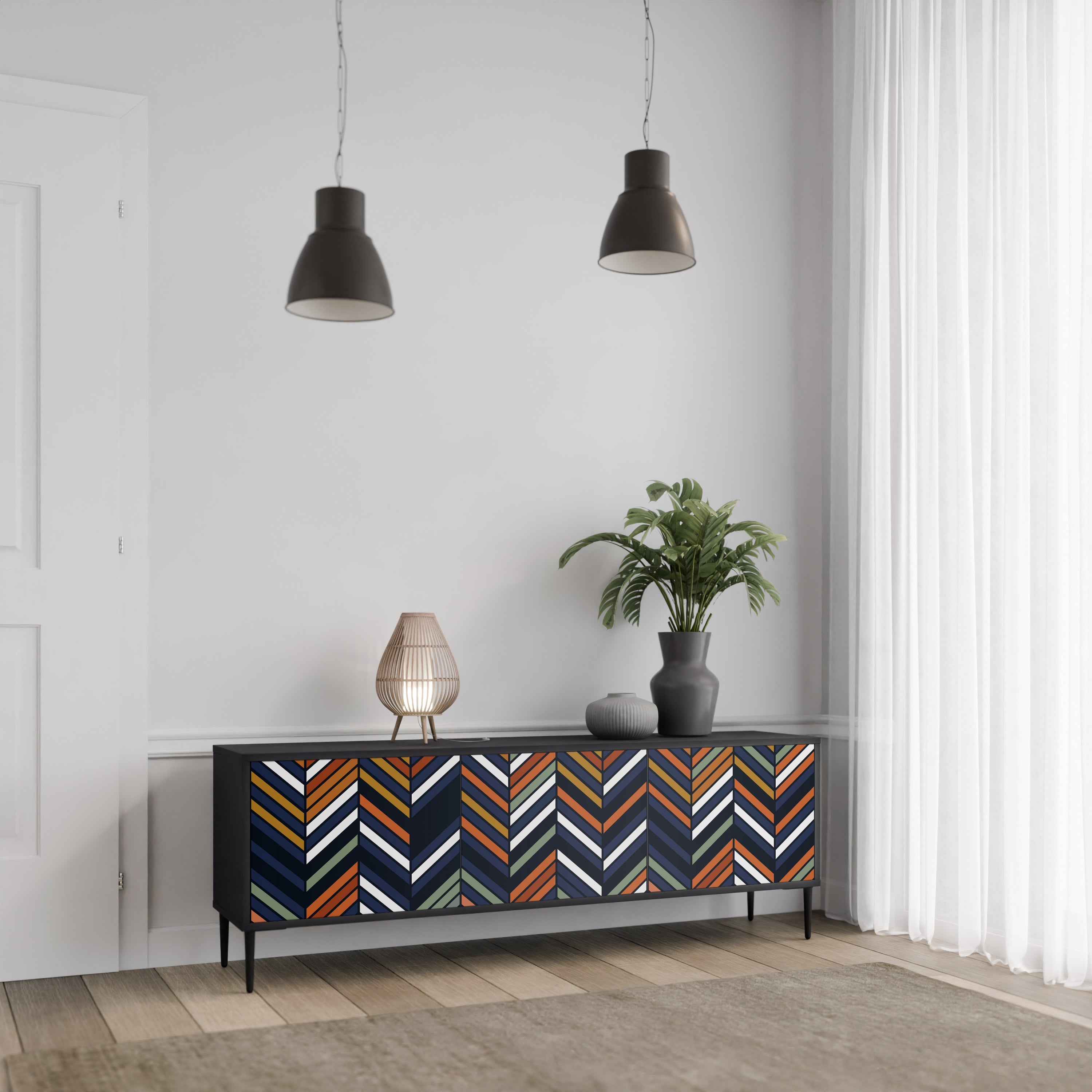 Meuble TV 3 portes VIBRANT PATCHWORK en finition noire