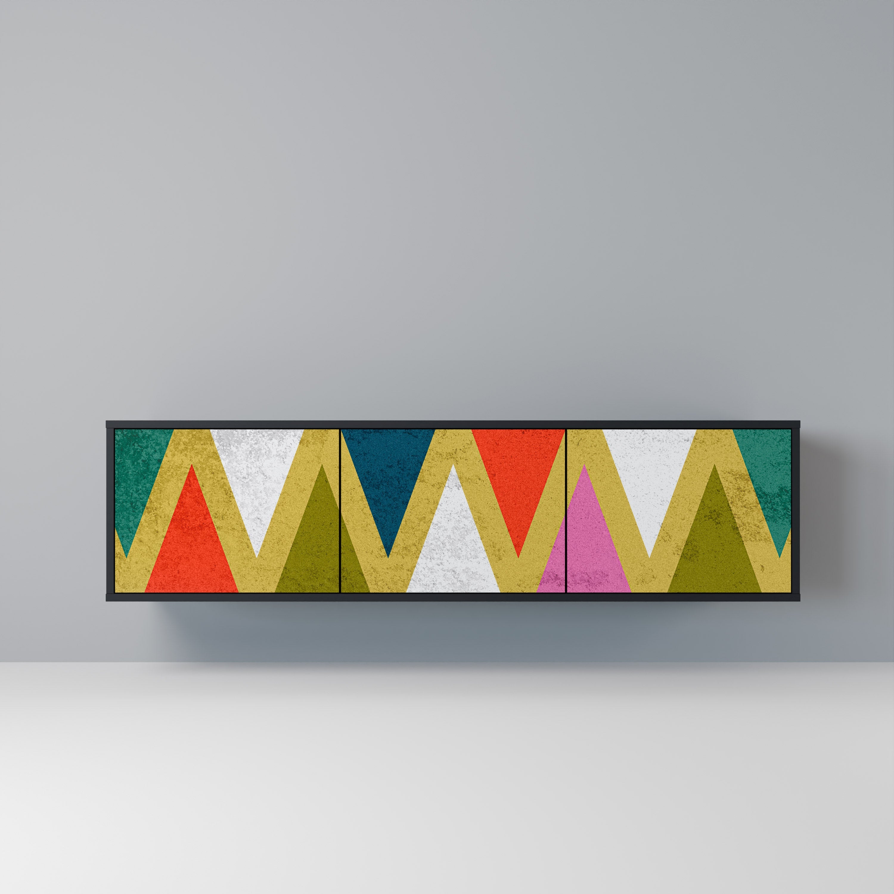 Meuble TV 3 portes TRIANGLES COLORÉS en finition noire