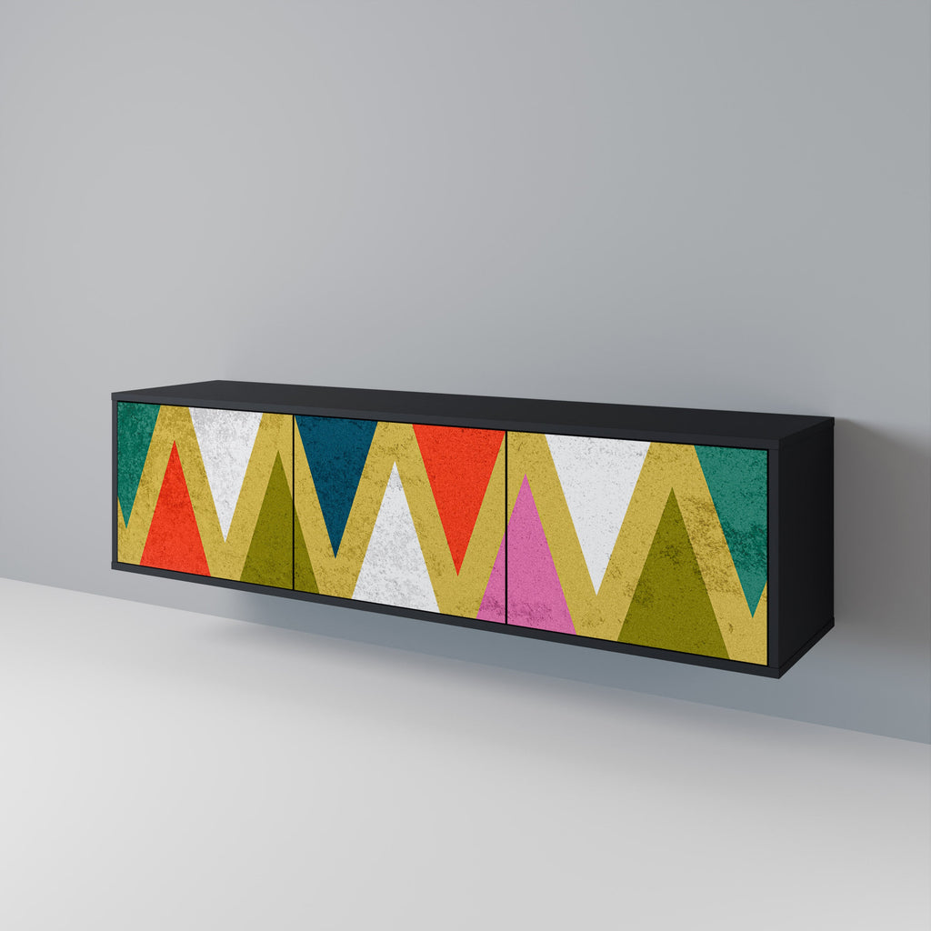 Meuble TV 3 portes TRIANGLES COLORÉS en finition noire