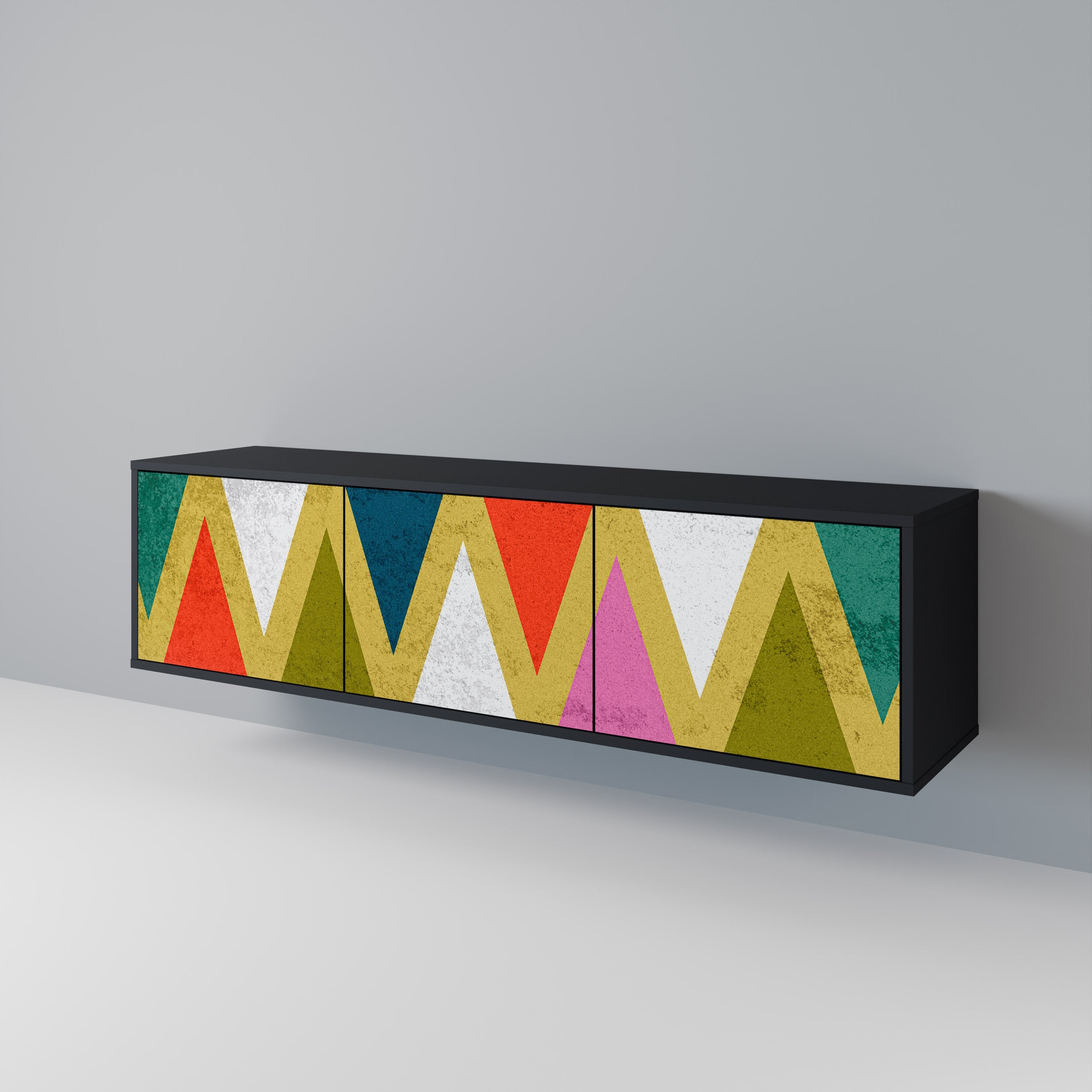 Meuble TV 3 portes TRIANGLES COLORÉS en finition noire