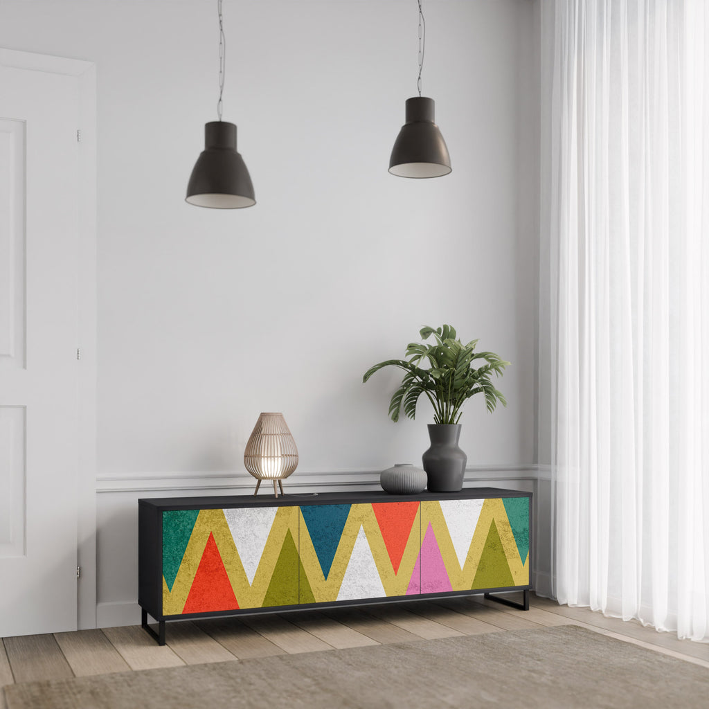 Meuble TV 3 portes TRIANGLES COLORÉS en finition noire