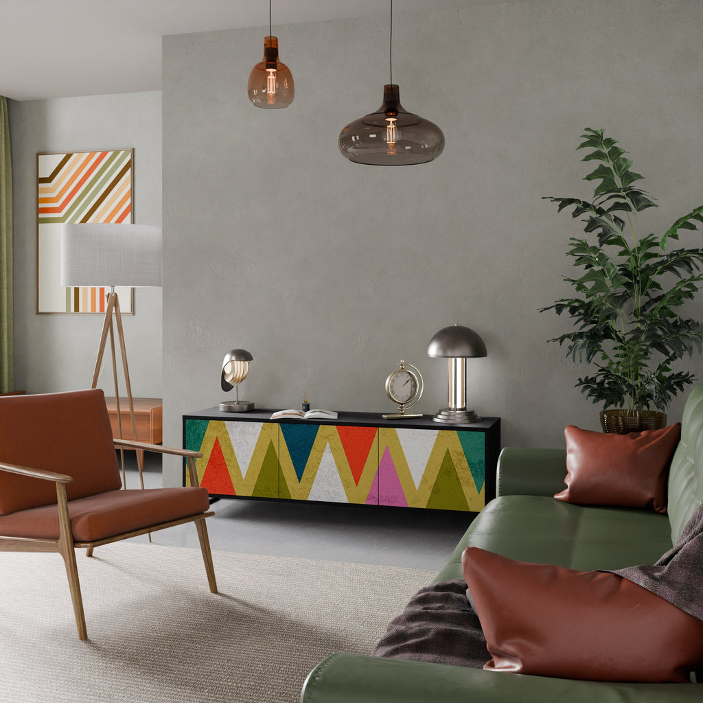 Meuble TV 3 portes TRIANGLES COLORÉS en finition noire