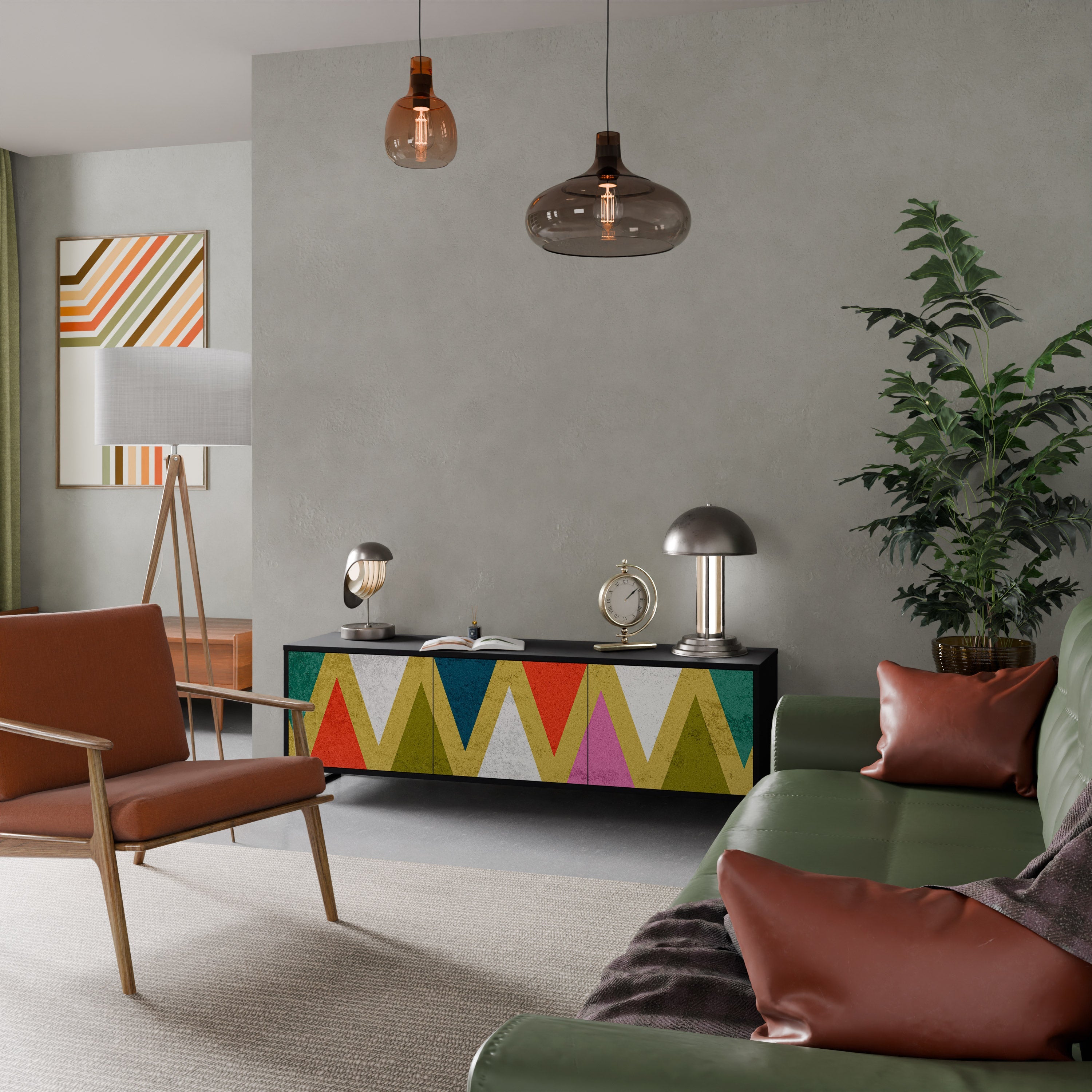 Meuble TV 3 portes TRIANGLES COLORÉS en finition noire