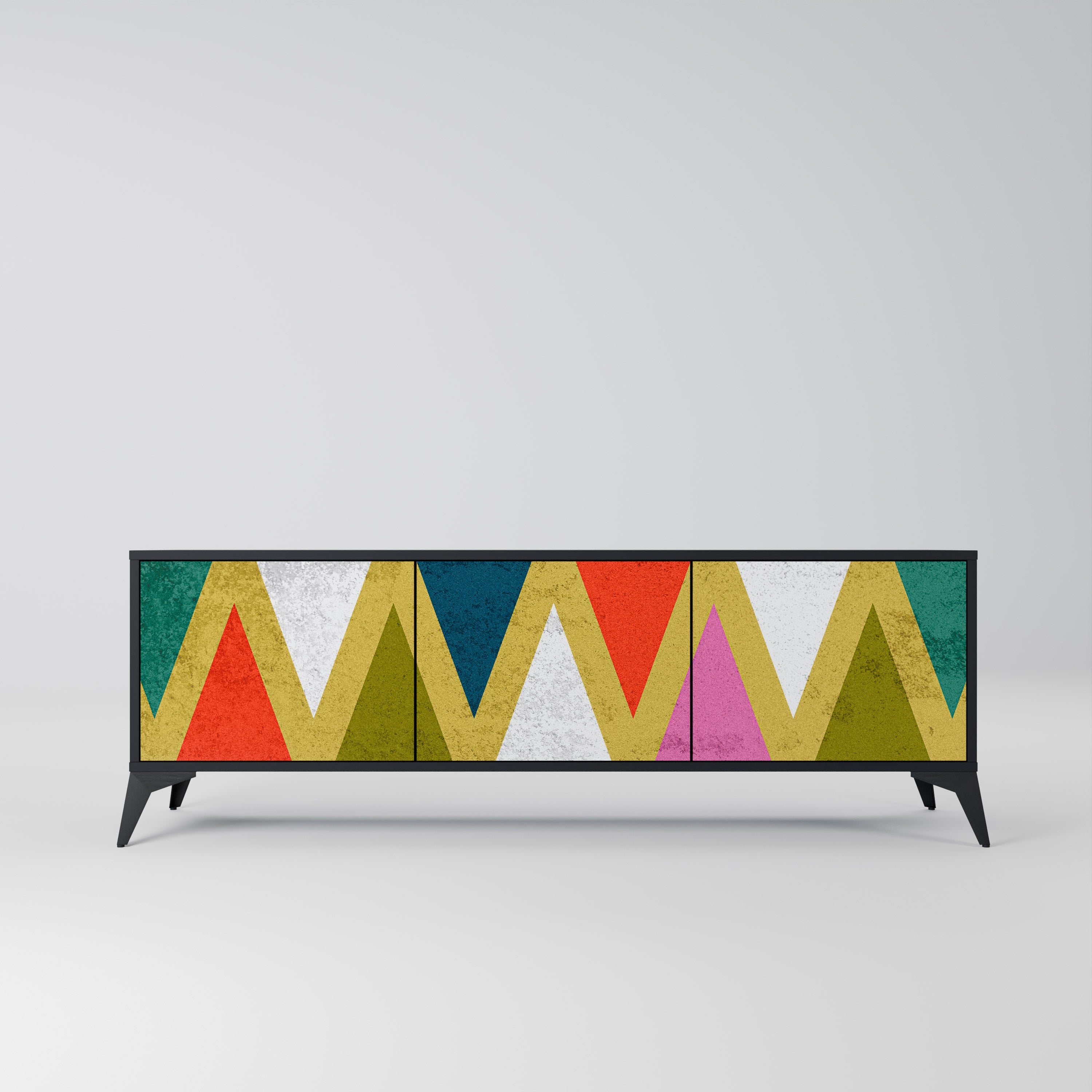 Meuble TV 3 portes TRIANGLES COLORÉS en finition noire