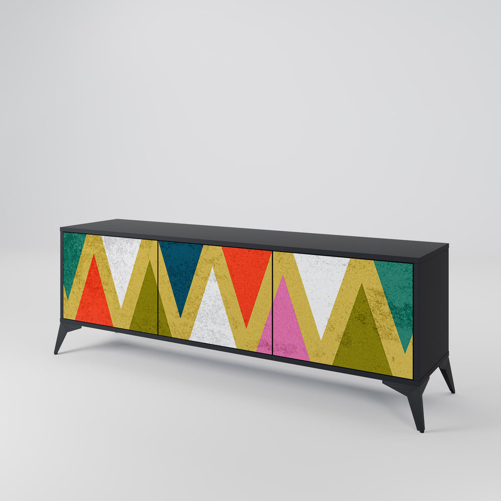 Meuble TV 3 portes TRIANGLES COLORÉS en finition noire