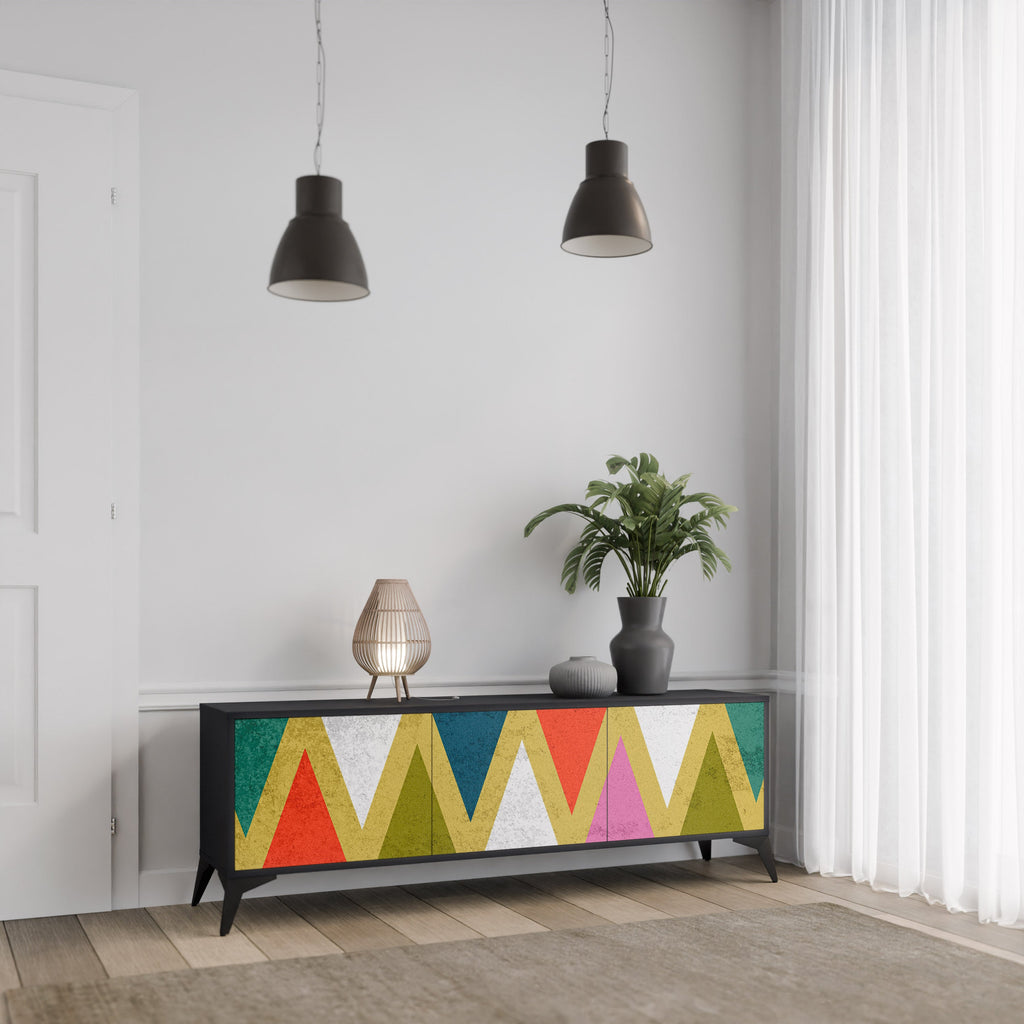 Meuble TV 3 portes TRIANGLES COLORÉS en finition noire