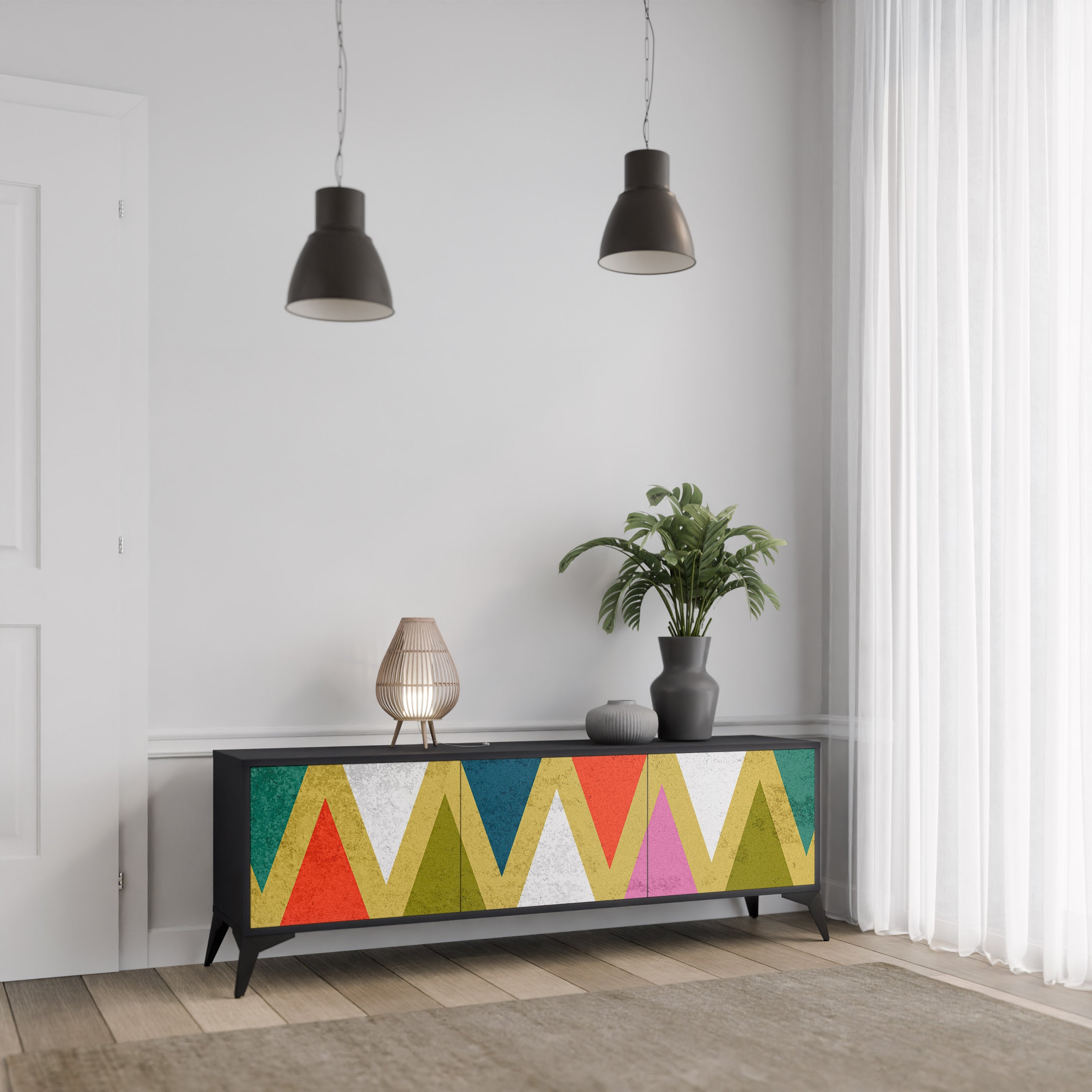 Meuble TV 3 portes TRIANGLES COLORÉS en finition noire