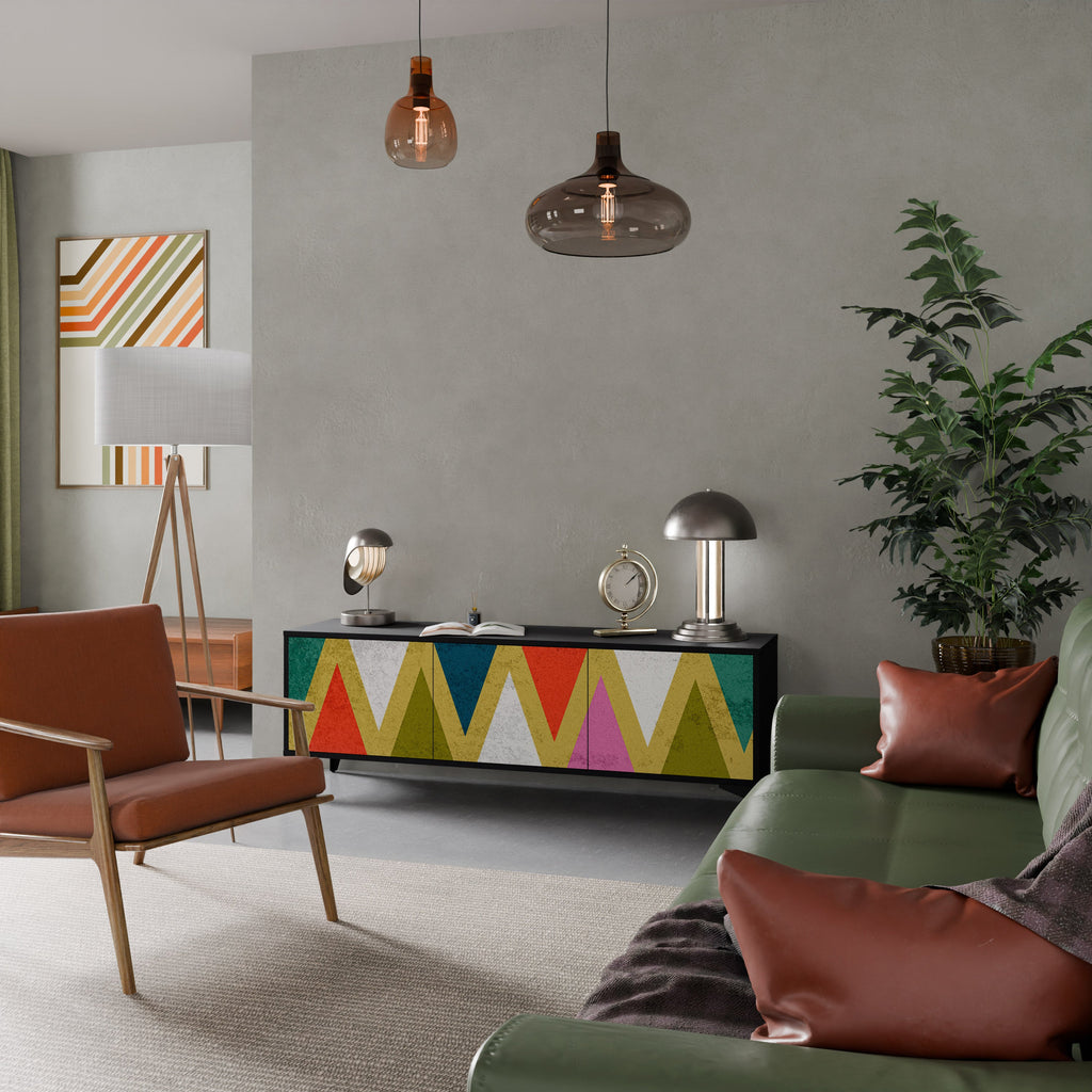 Meuble TV 3 portes TRIANGLES COLORÉS en finition noire