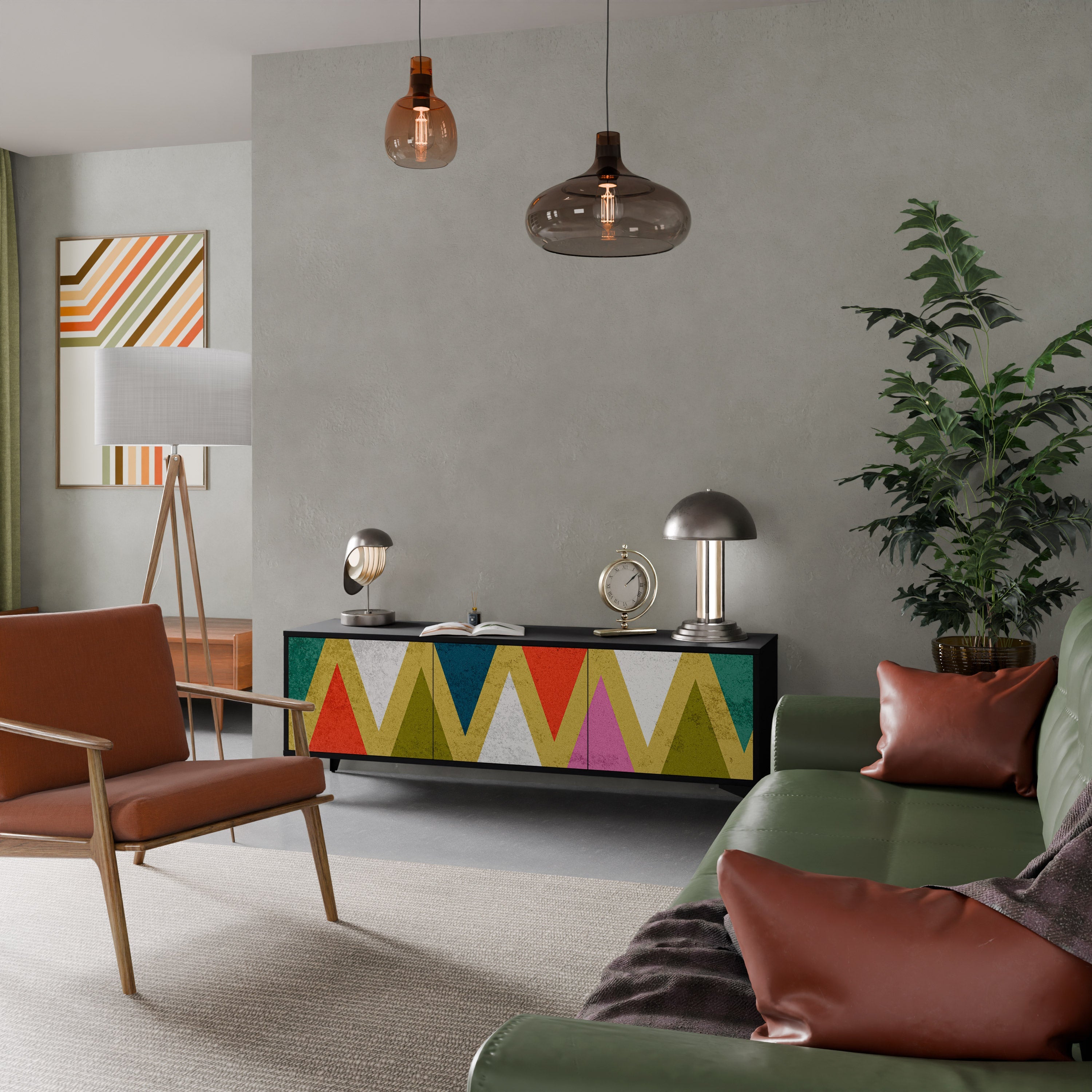 Meuble TV 3 portes TRIANGLES COLORÉS en finition noire