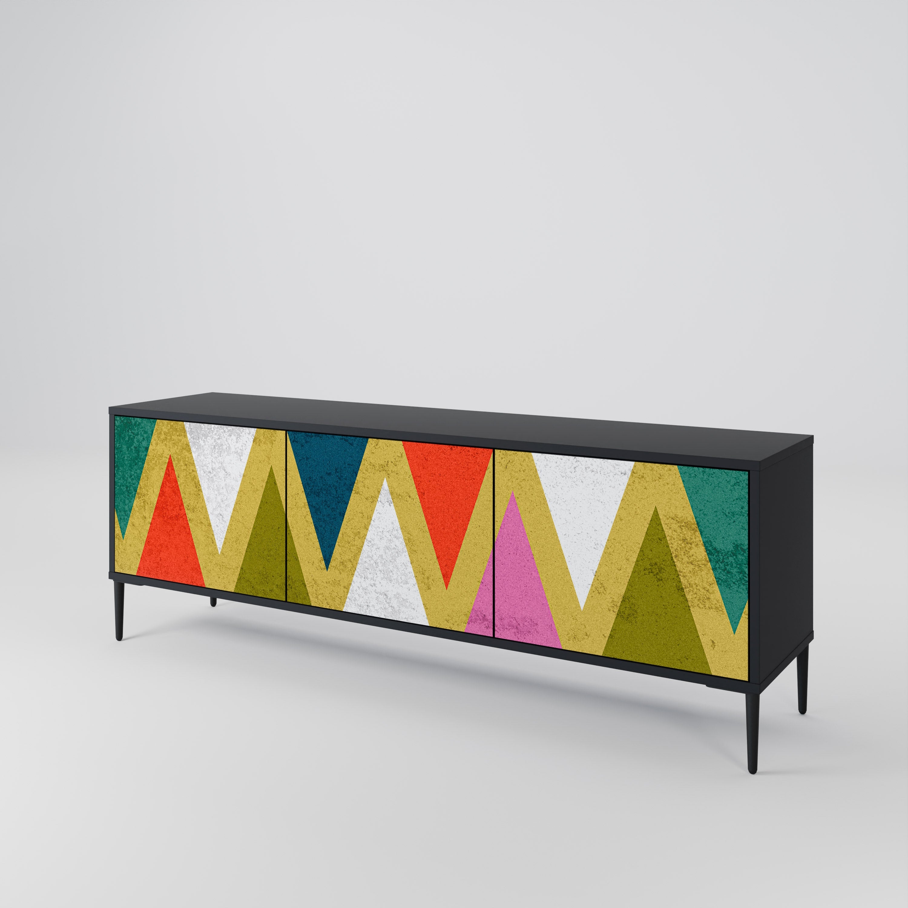 Meuble TV 3 portes TRIANGLES COLORÉS en finition noire