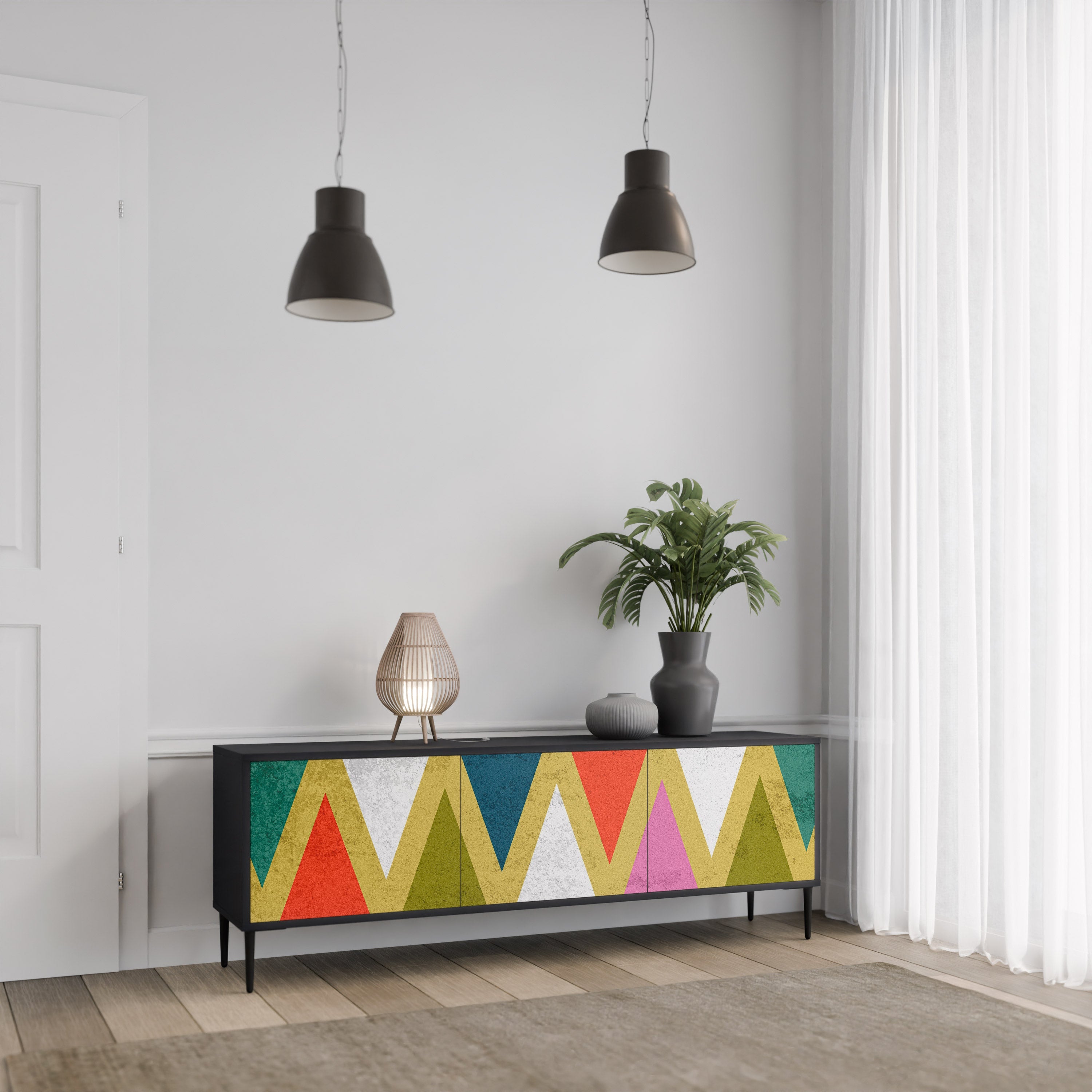 Meuble TV 3 portes TRIANGLES COLORÉS en finition noire