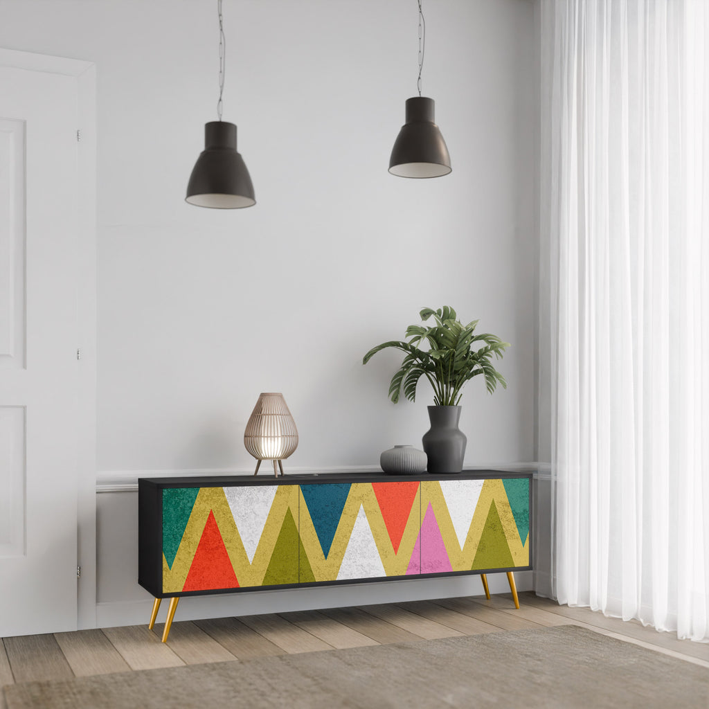 Meuble TV 3 portes TRIANGLES COLORÉS en finition noire