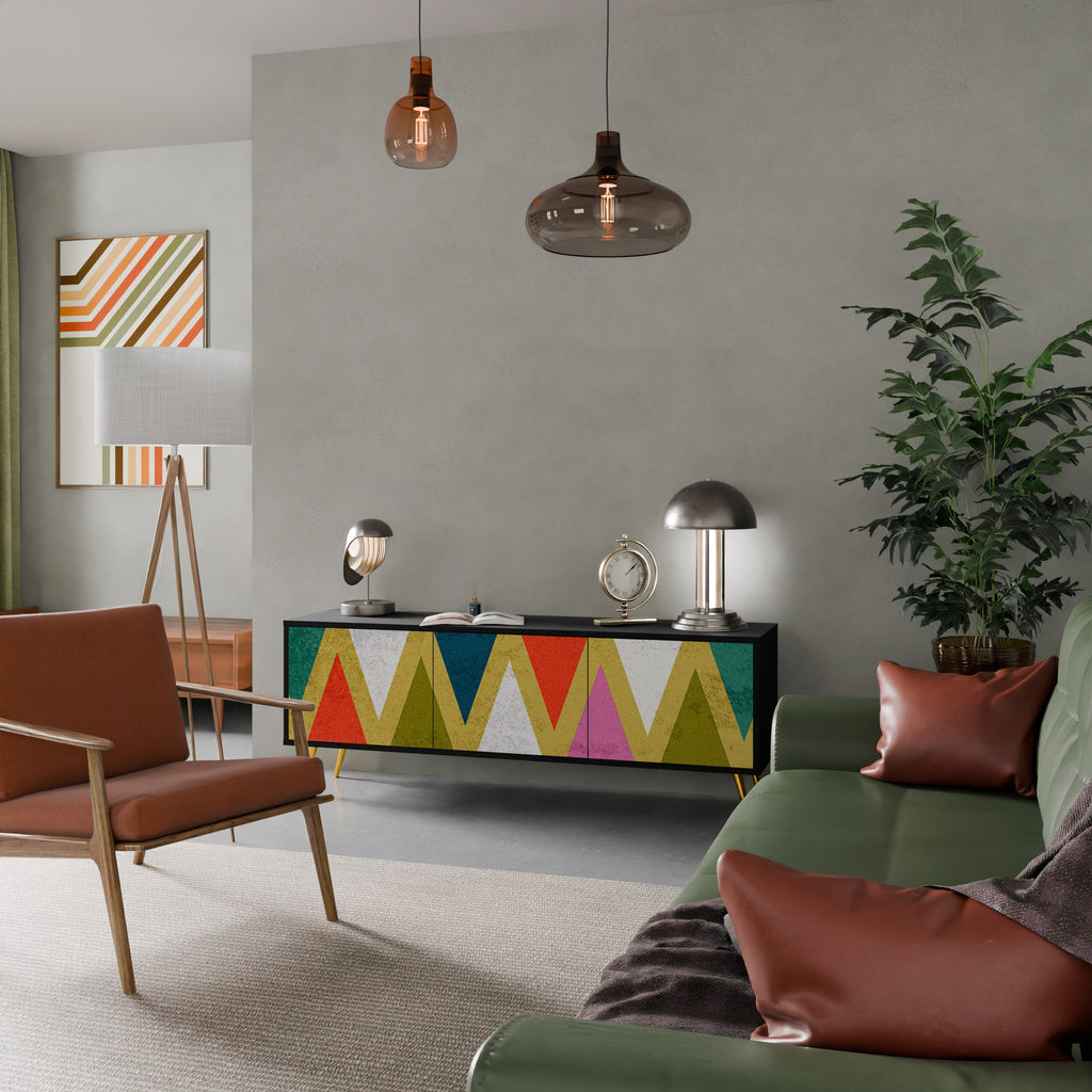 Meuble TV 3 portes TRIANGLES COLORÉS en finition noire