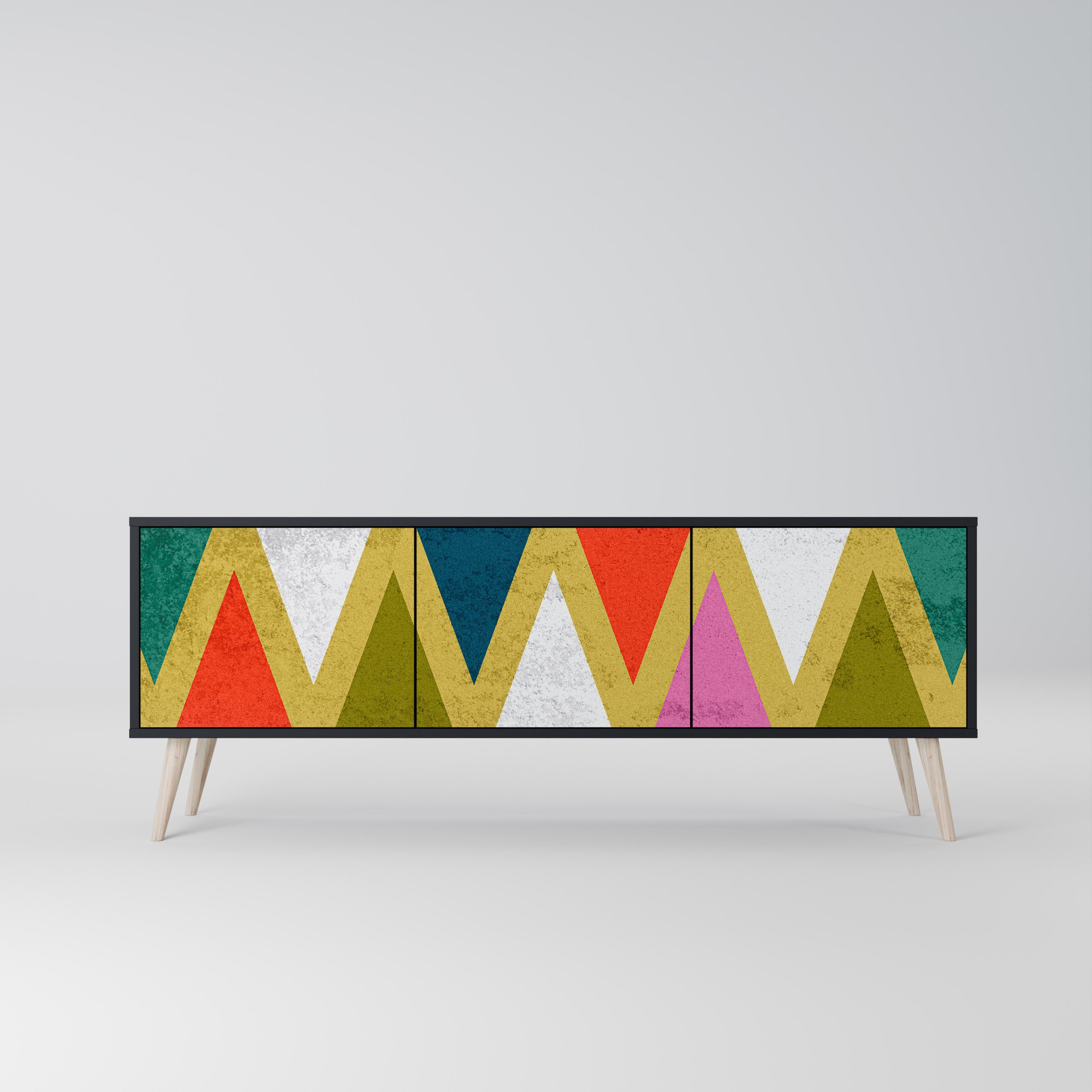 Meuble TV 3 portes TRIANGLES COLORÉS en finition noire