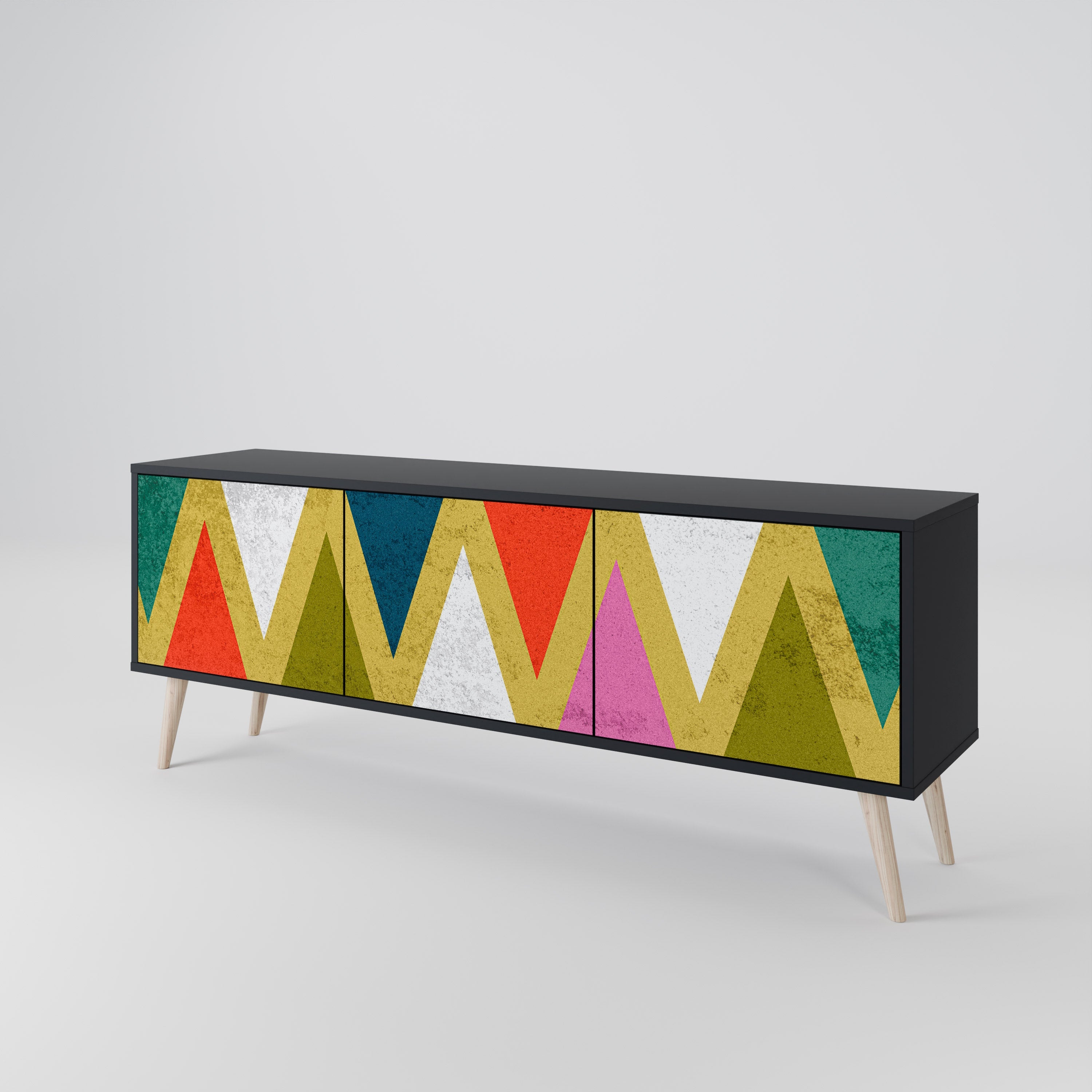 Meuble TV 3 portes TRIANGLES COLORÉS en finition noire