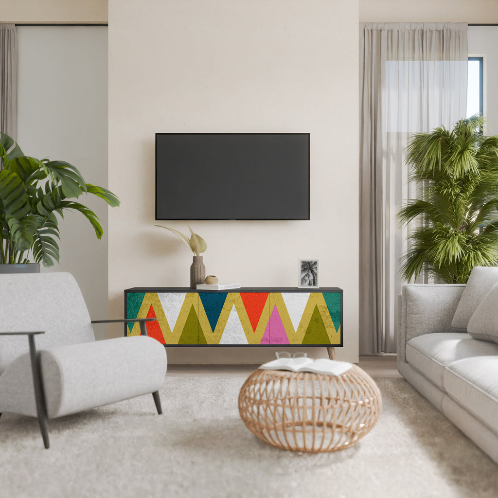 Meuble TV 3 portes TRIANGLES COLORÉS en finition noire
