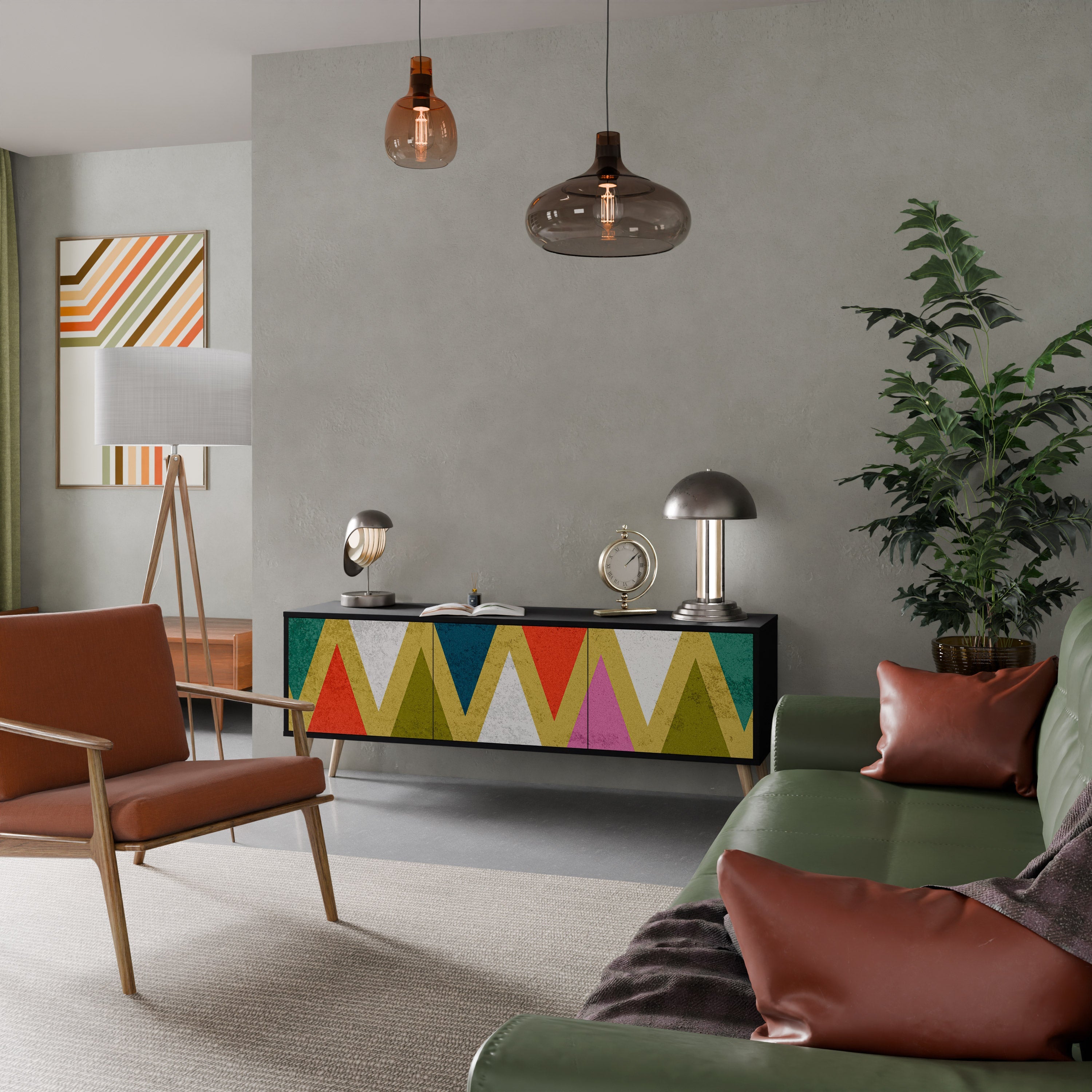 Meuble TV 3 portes TRIANGLES COLORÉS en finition noire