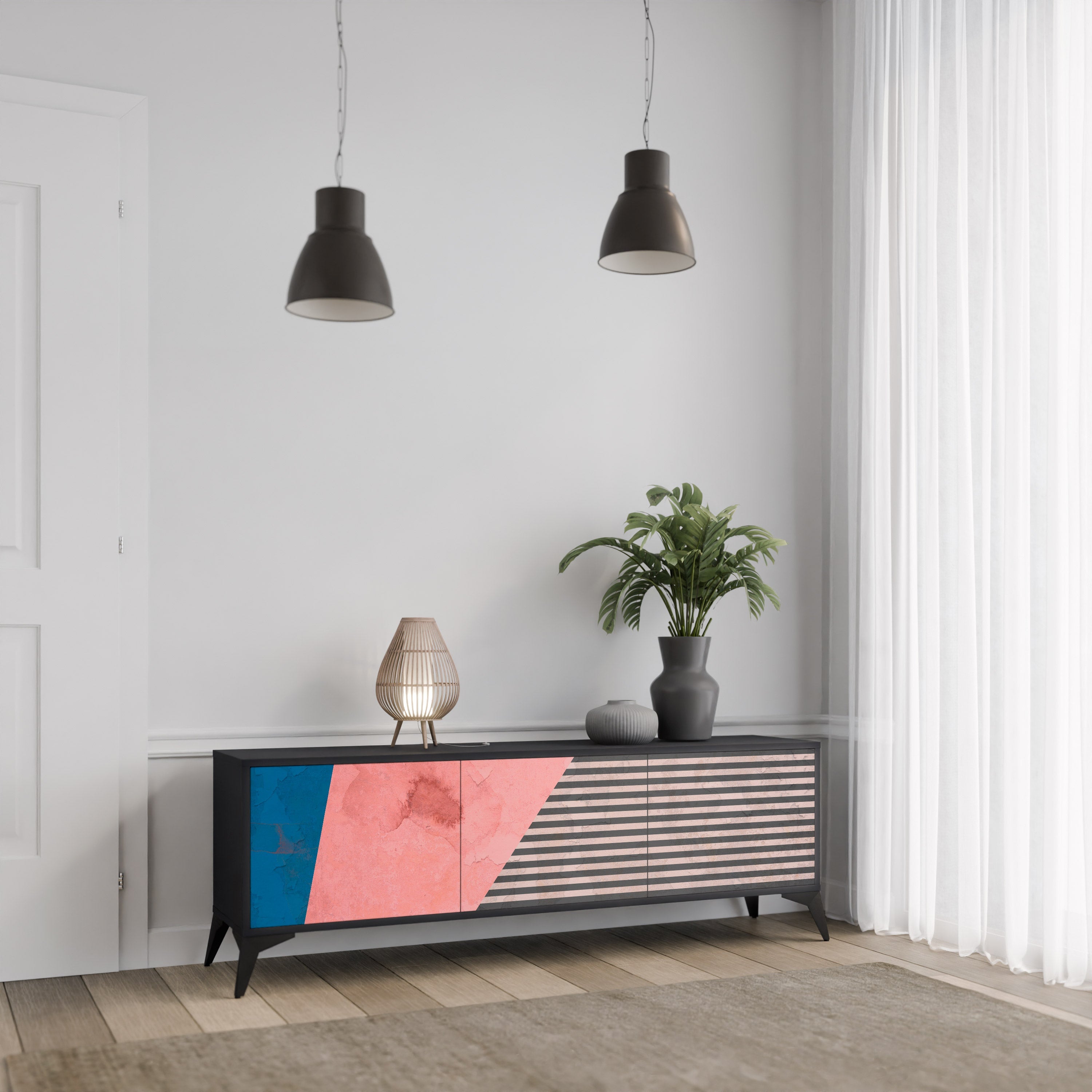 Meuble TV 3 portes GLAMOROUS STRIPE en finition noire