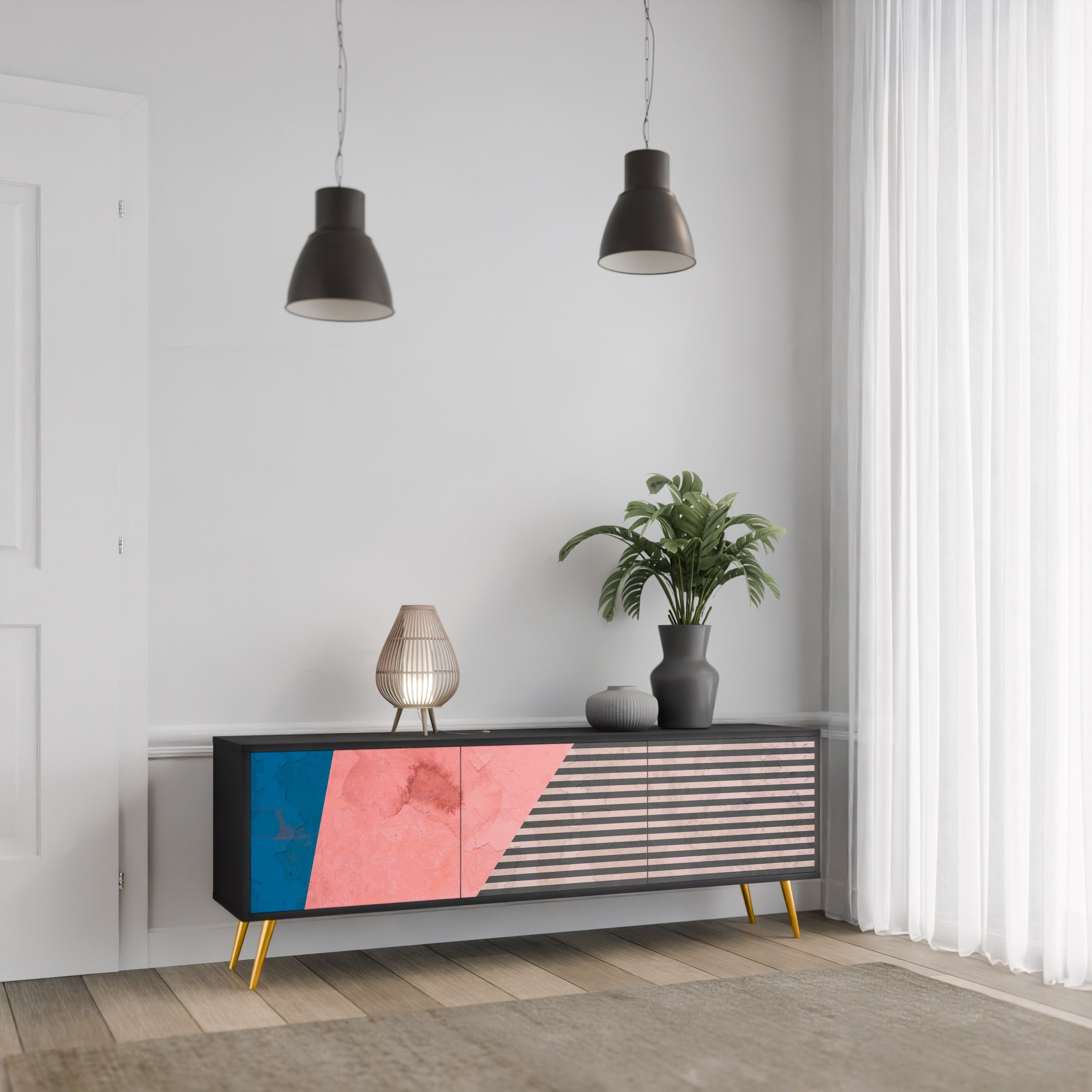 Meuble TV 3 portes GLAMOROUS STRIPE en finition noire