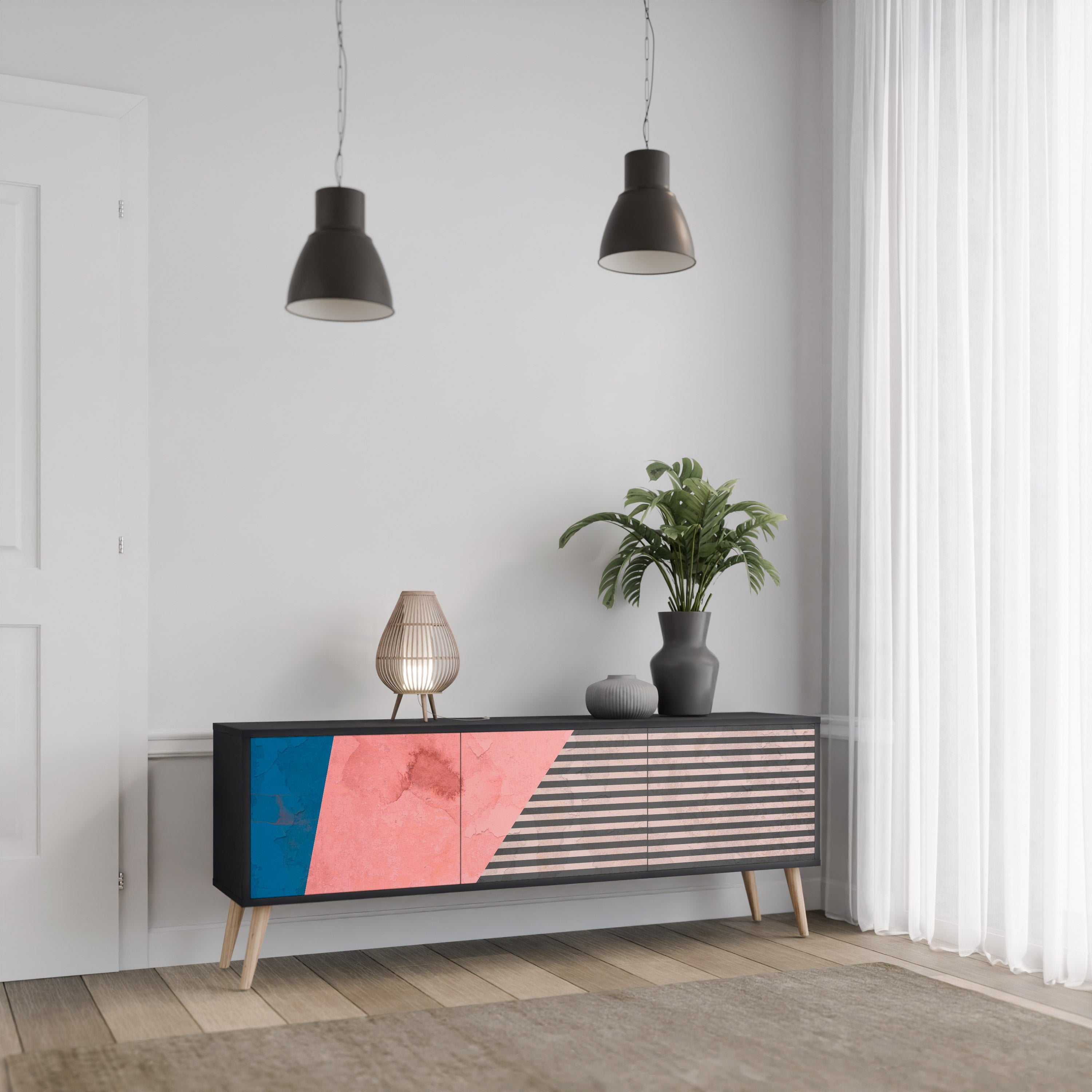 Meuble TV 3 portes GLAMOROUS STRIPE en finition noire