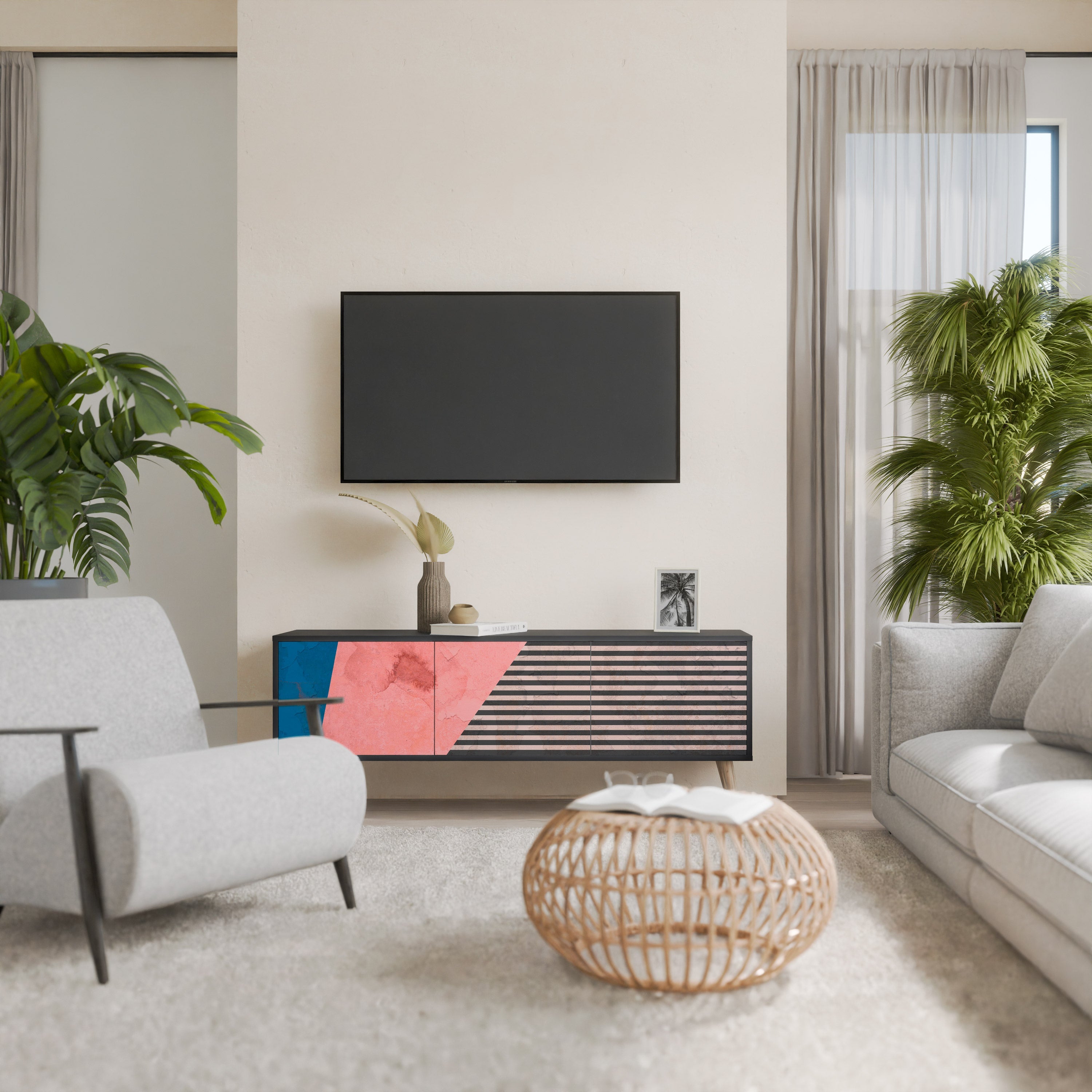 Meuble TV 3 portes GLAMOROUS STRIPE en finition noire