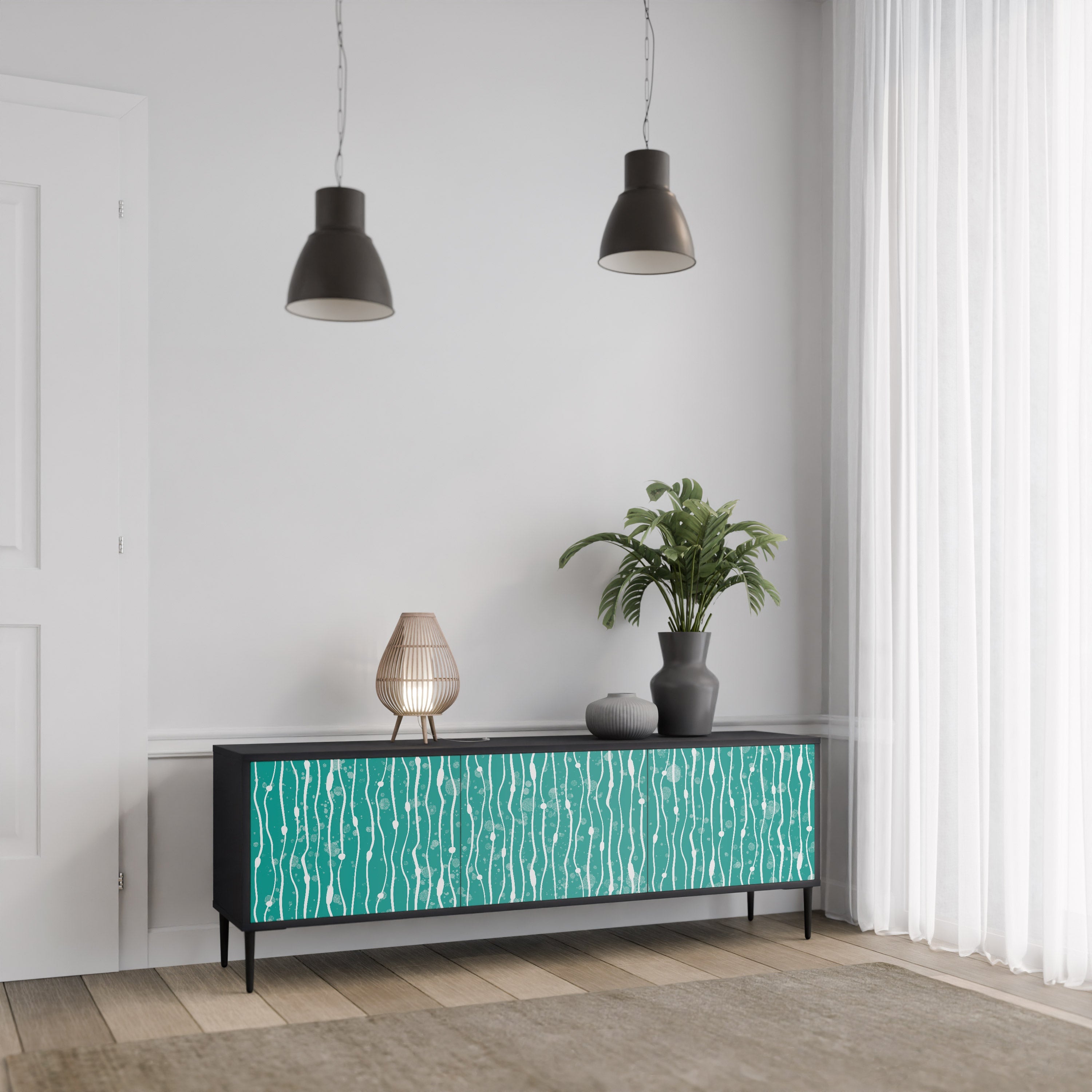 Meuble TV 3 portes TURQUOISE RAIN, finition noire