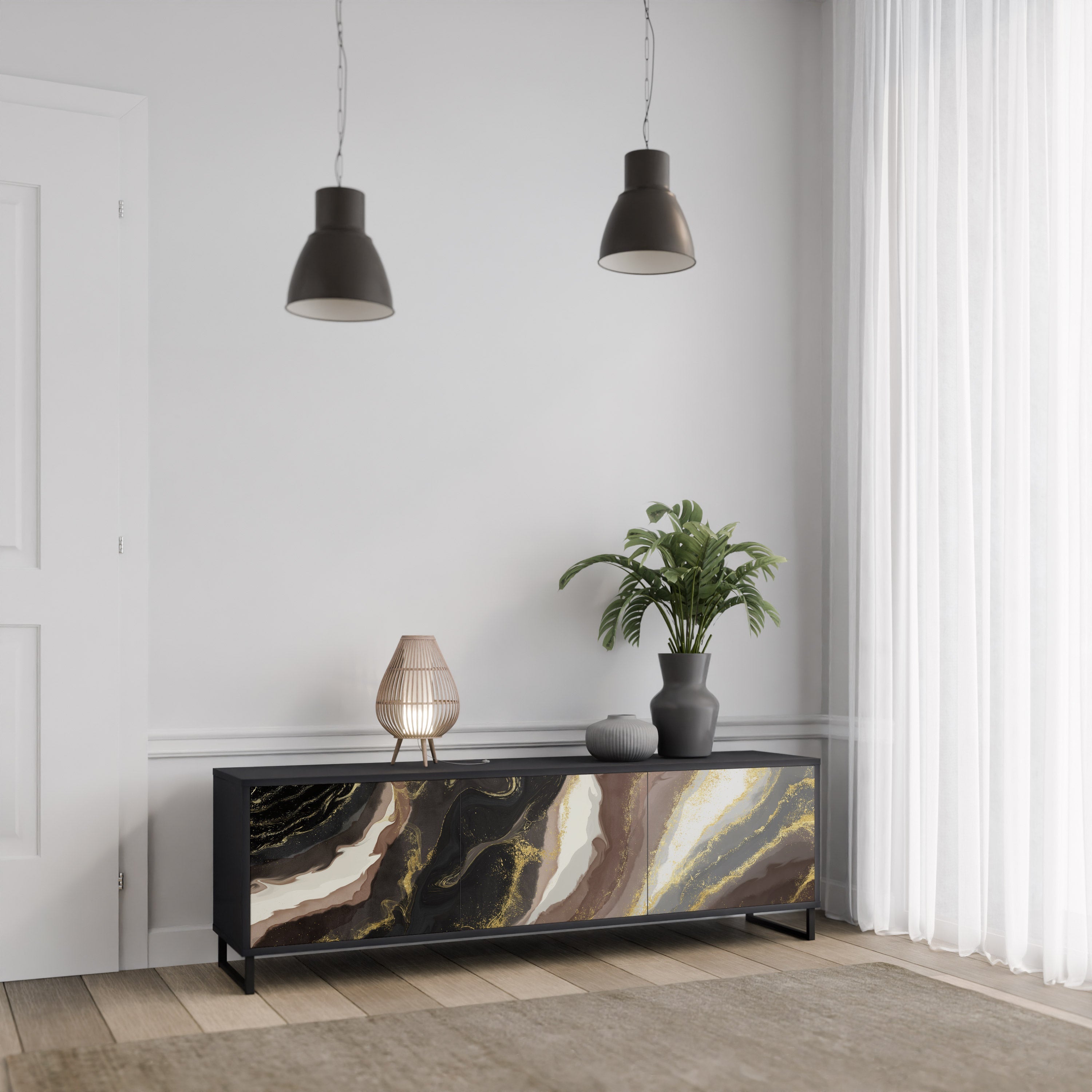 Meuble TV 3 portes GOLD DUST finition noire