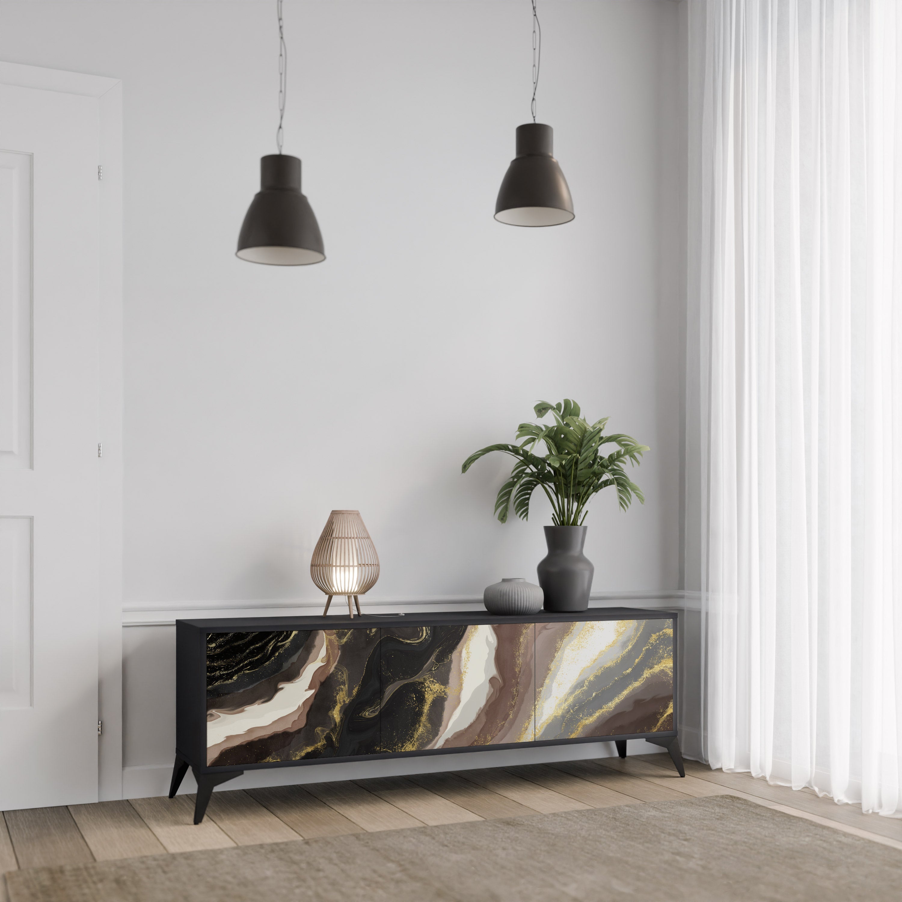 Meuble TV 3 portes GOLD DUST finition noire