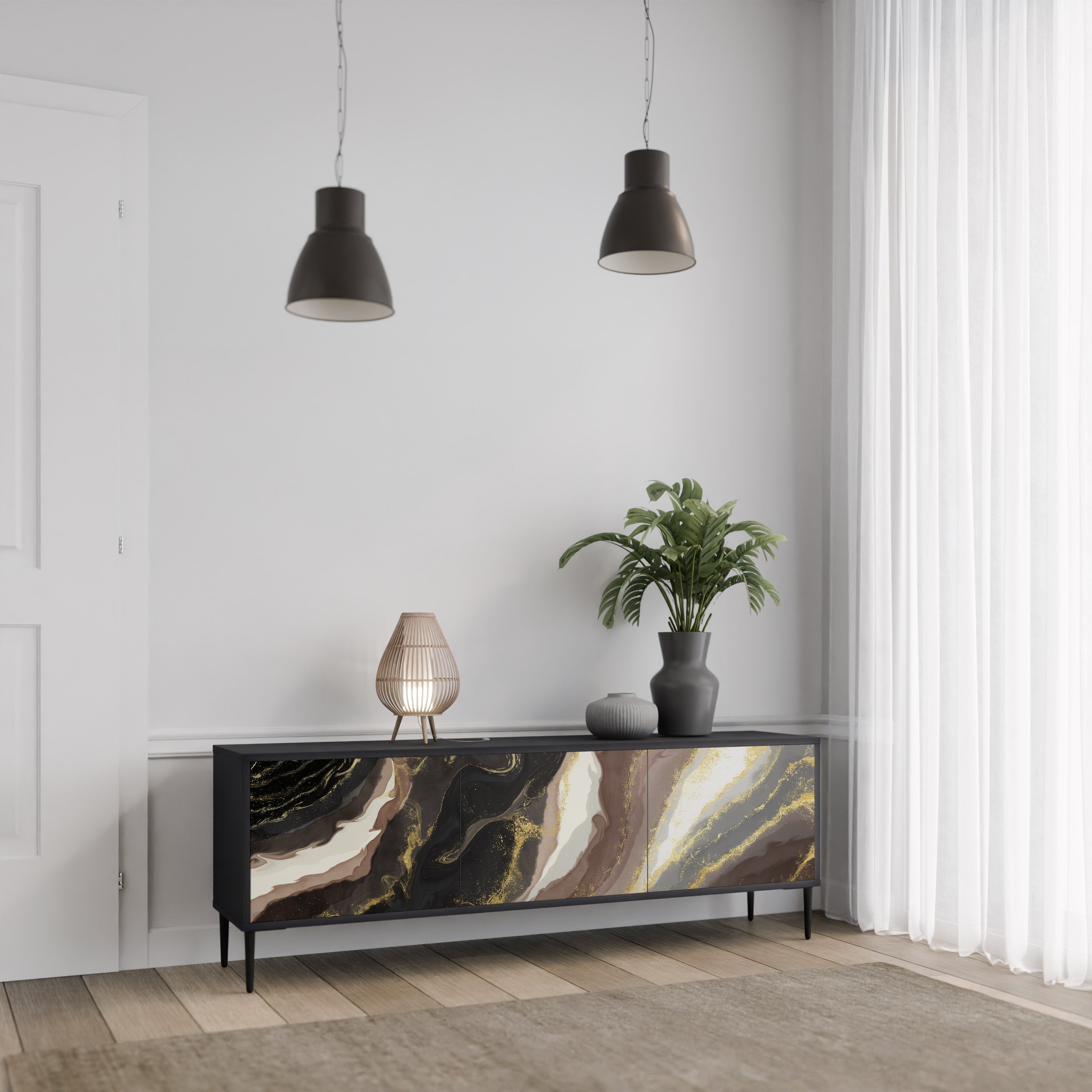 Meuble TV 3 portes GOLD DUST finition noire