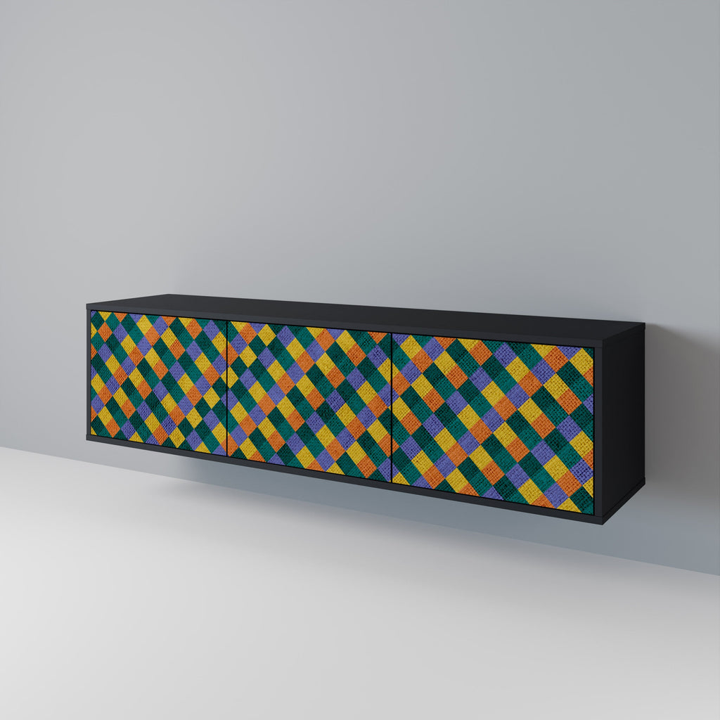 Meuble TV 3 portes PAINTED SQUARES MIX en finition noire