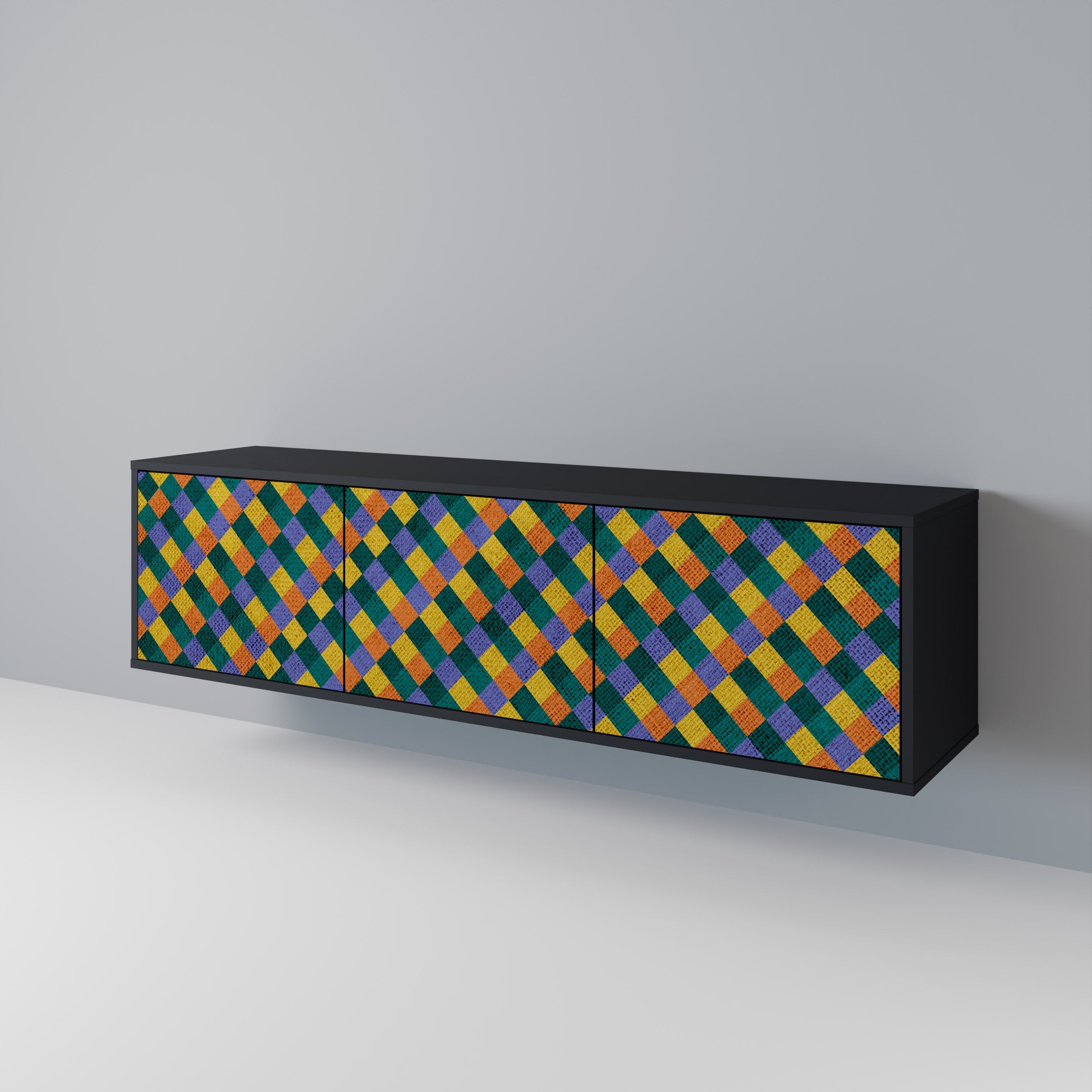 Meuble TV 3 portes PAINTED SQUARES MIX en finition noire