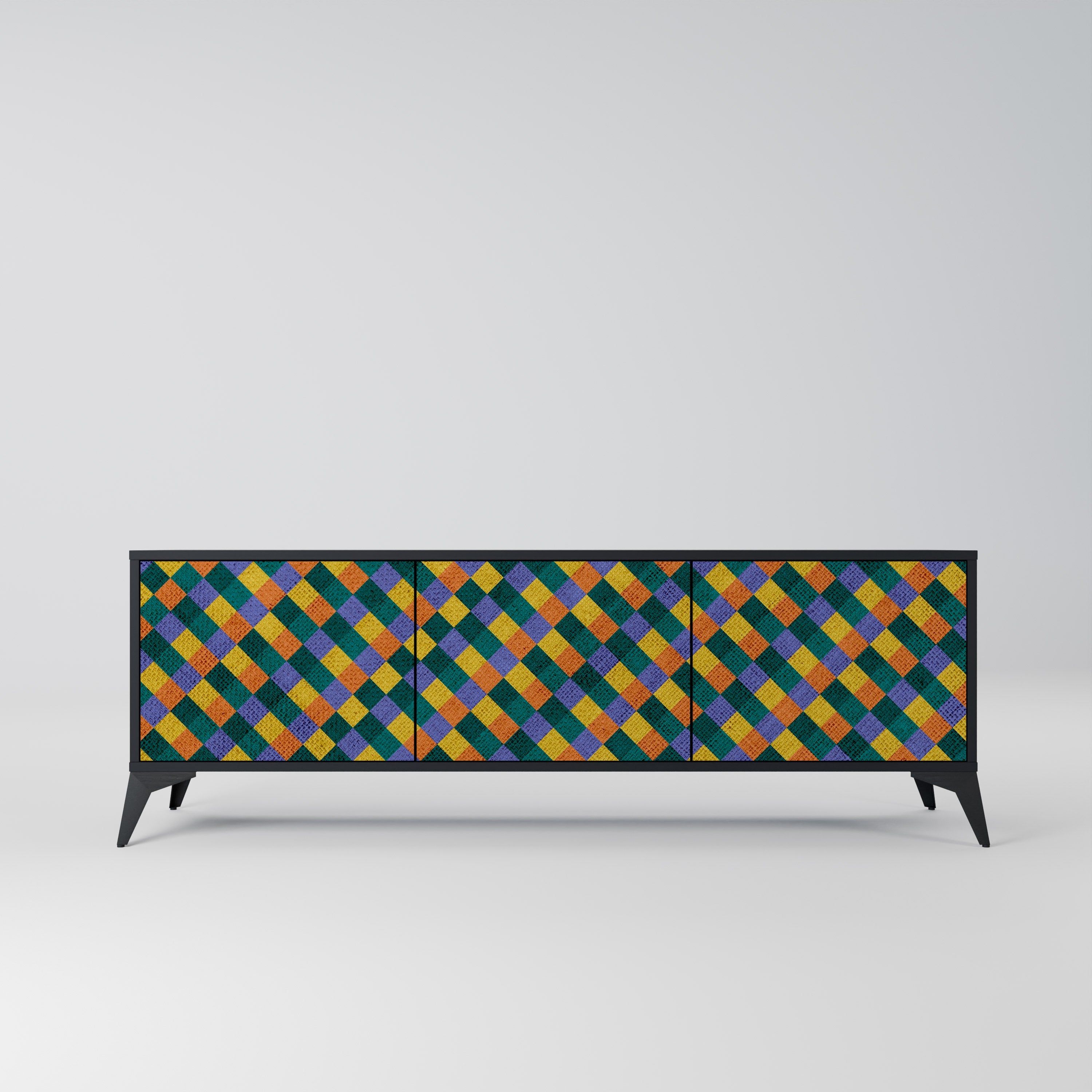 Meuble TV 3 portes PAINTED SQUARES MIX en finition noire