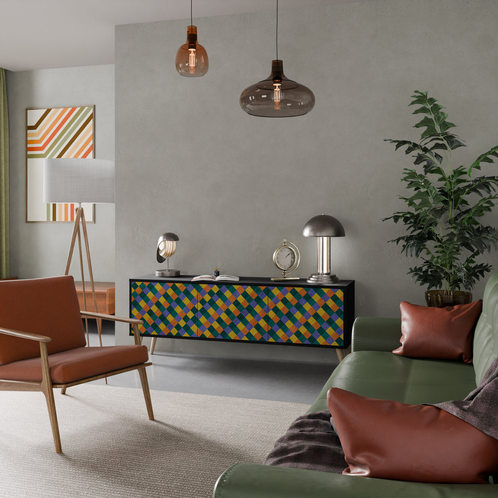 Meuble TV 3 portes PAINTED SQUARES MIX en finition noire