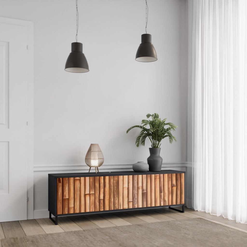 Meuble TV 3 portes en BOIS NATUREL finition noire