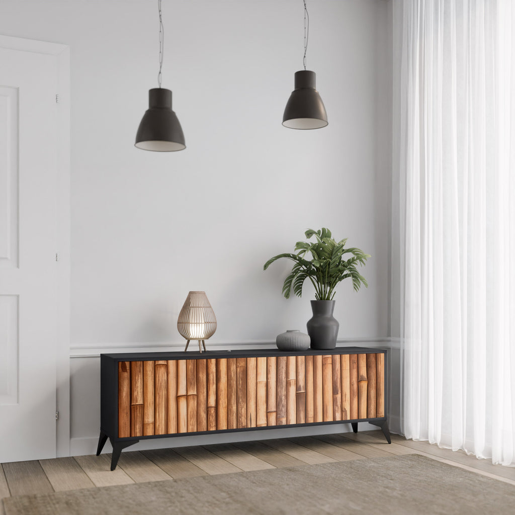 Meuble TV 3 portes en BOIS NATUREL finition noire