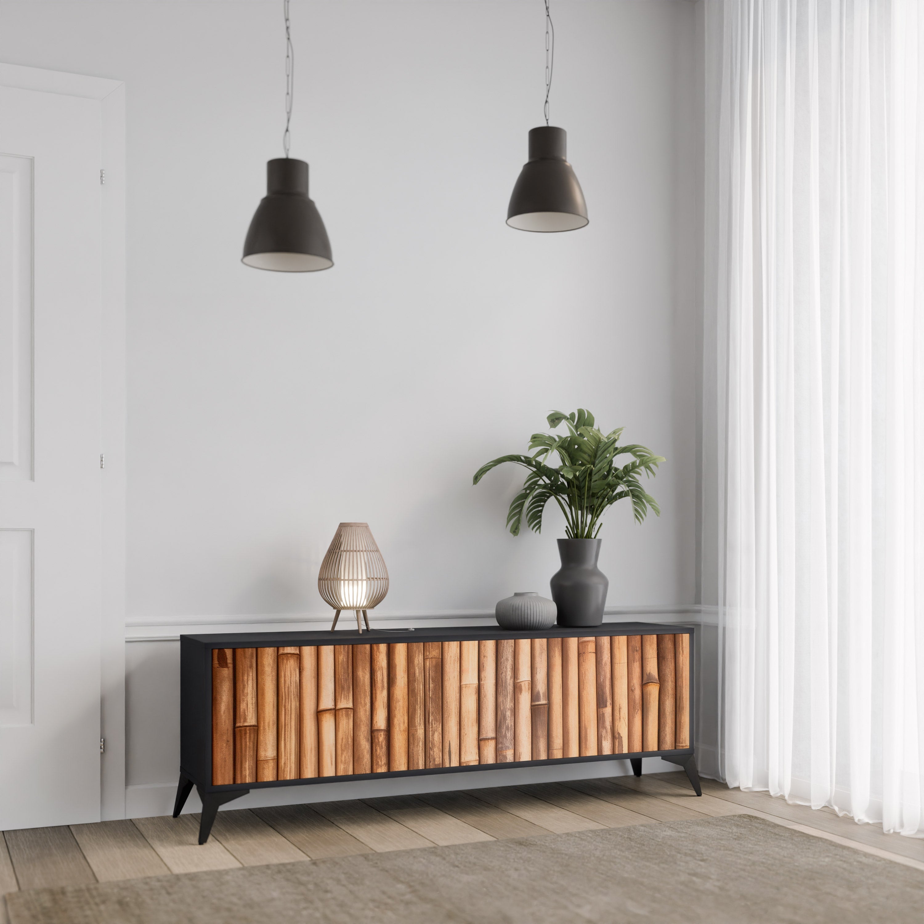 Meuble TV 3 portes en BOIS NATUREL finition noire