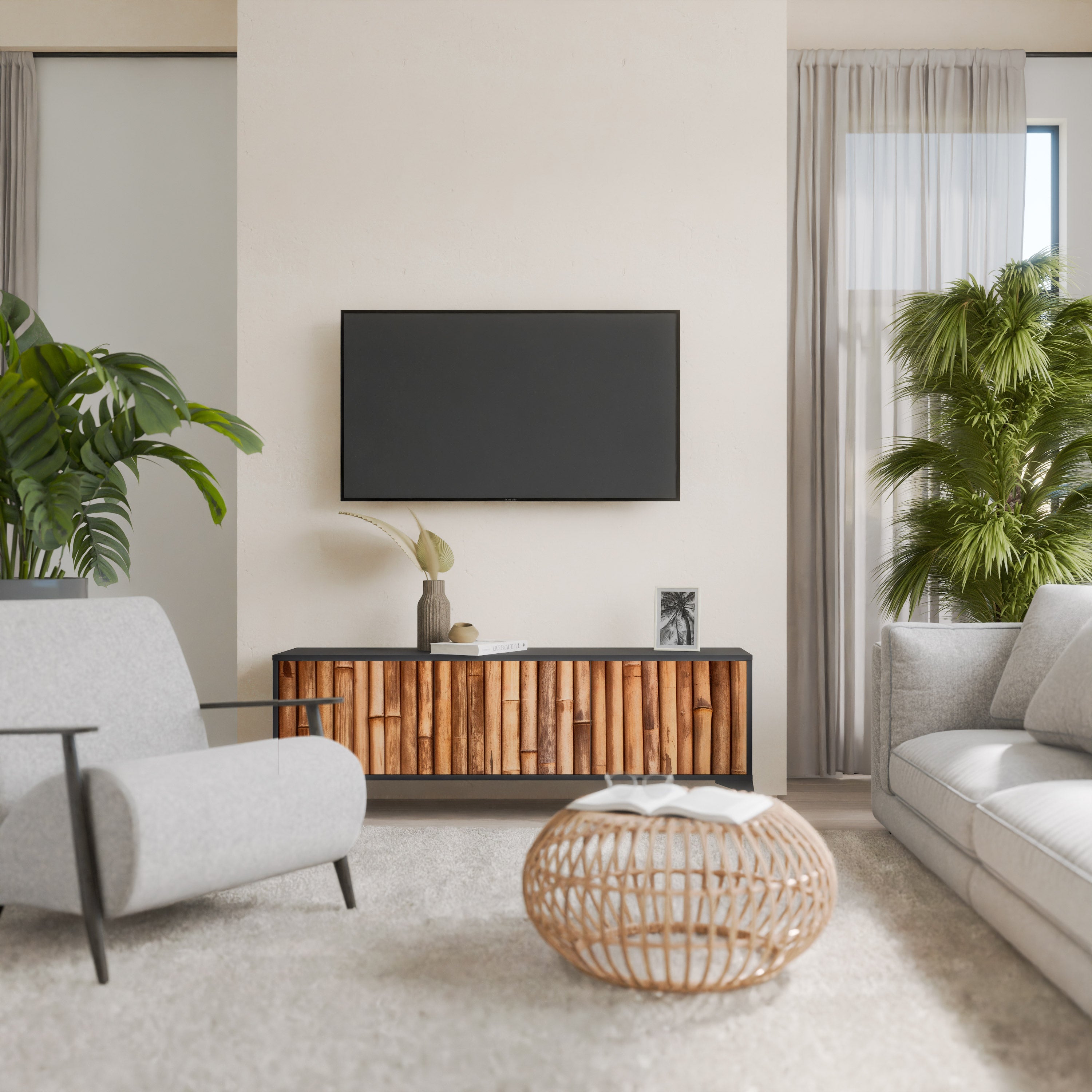 Meuble TV 3 portes en BOIS NATUREL finition noire