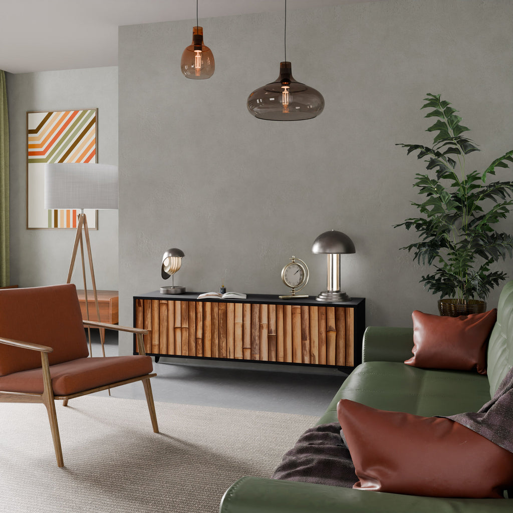 Meuble TV 3 portes en BOIS NATUREL finition noire