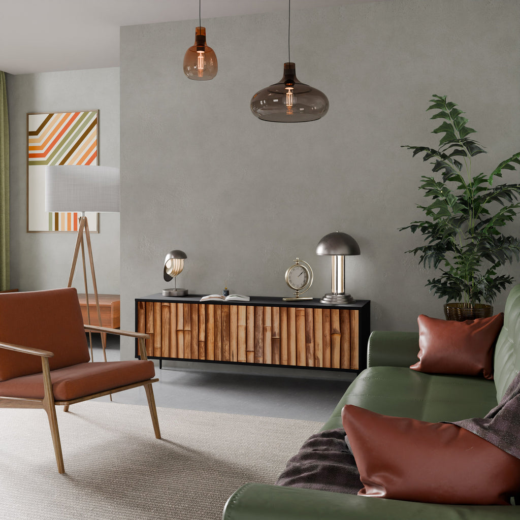 Meuble TV 3 portes en BOIS NATUREL finition noire