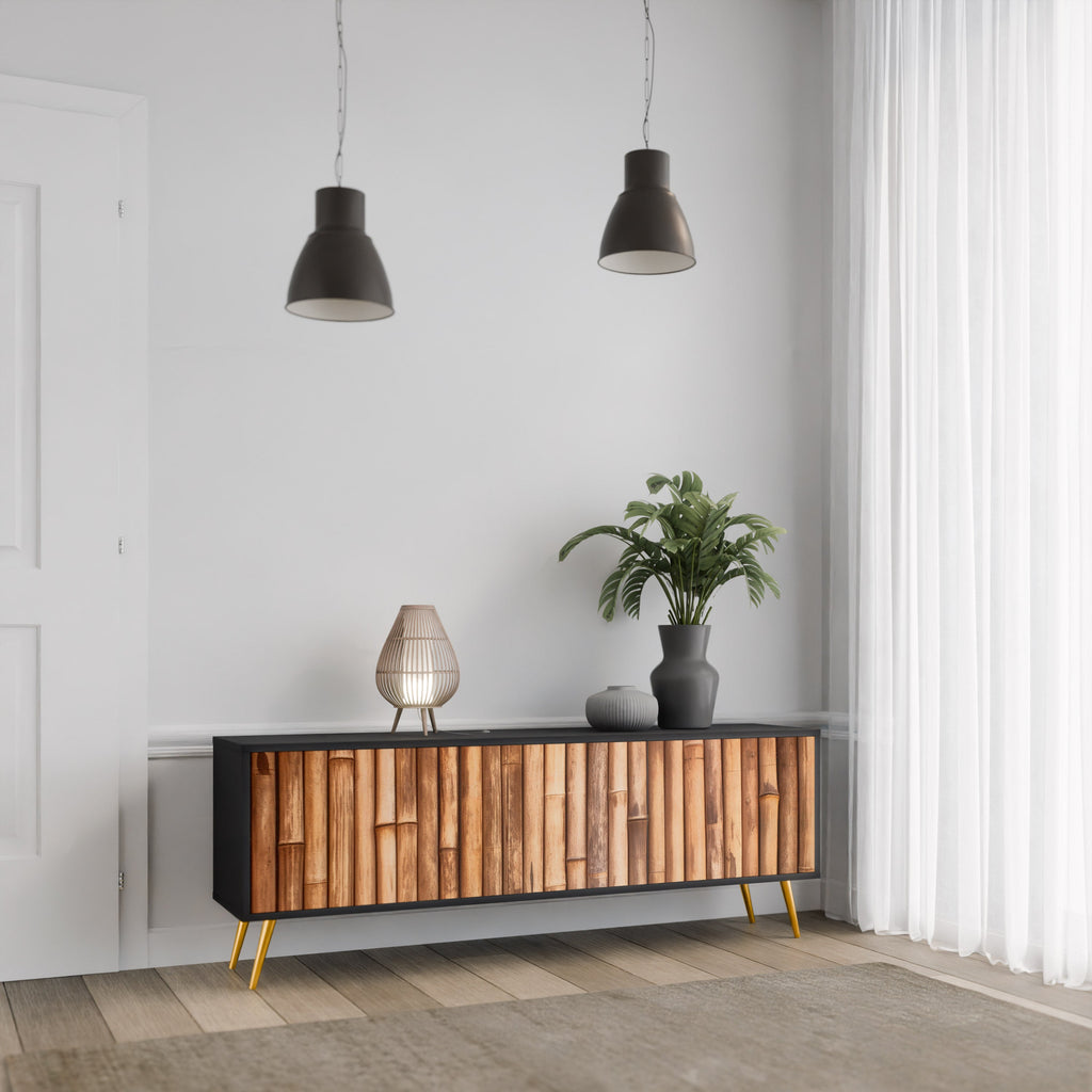 Meuble TV 3 portes en BOIS NATUREL finition noire