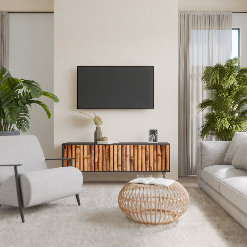 Meuble TV 3 portes en BOIS NATUREL finition noire