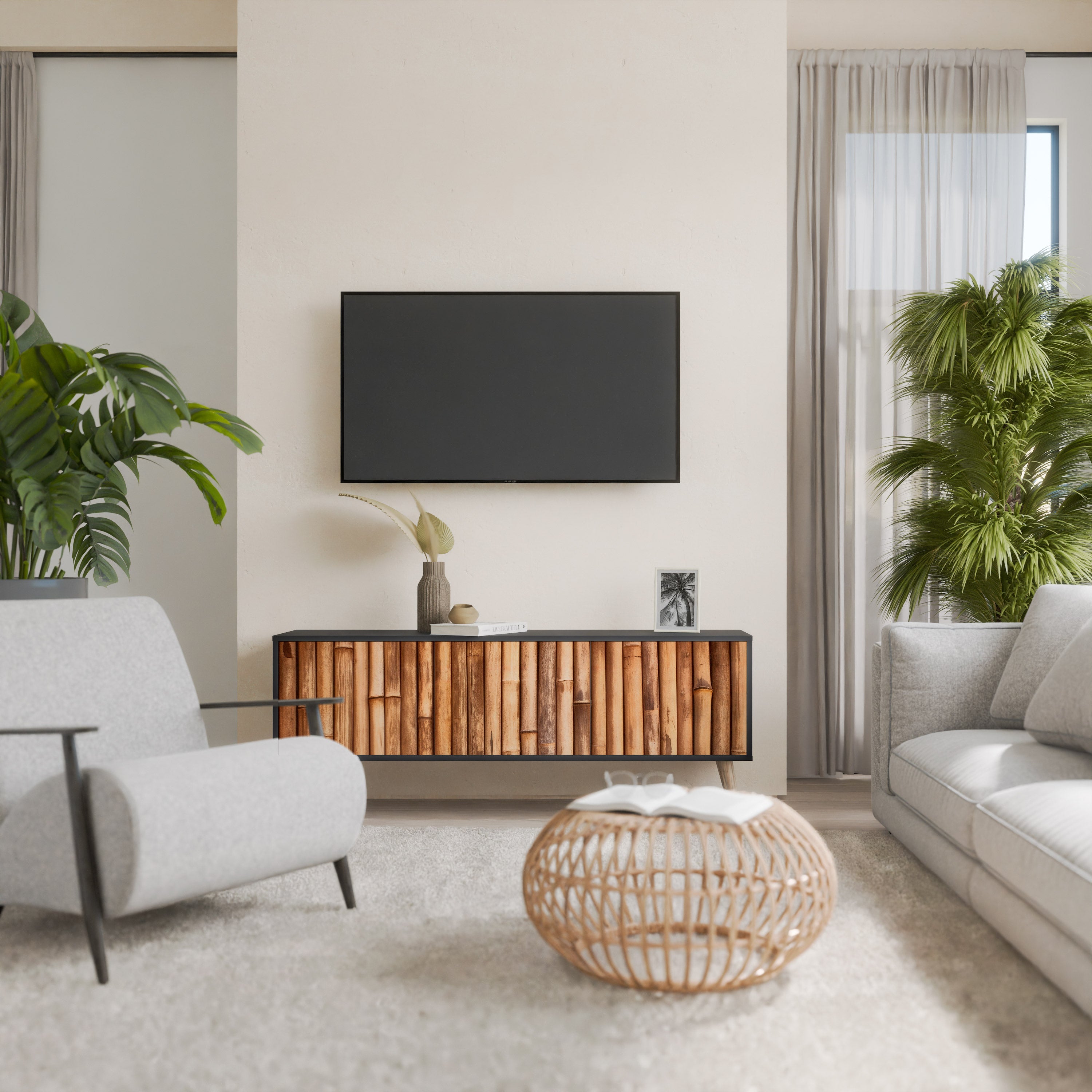 Meuble TV 3 portes en BOIS NATUREL finition noire