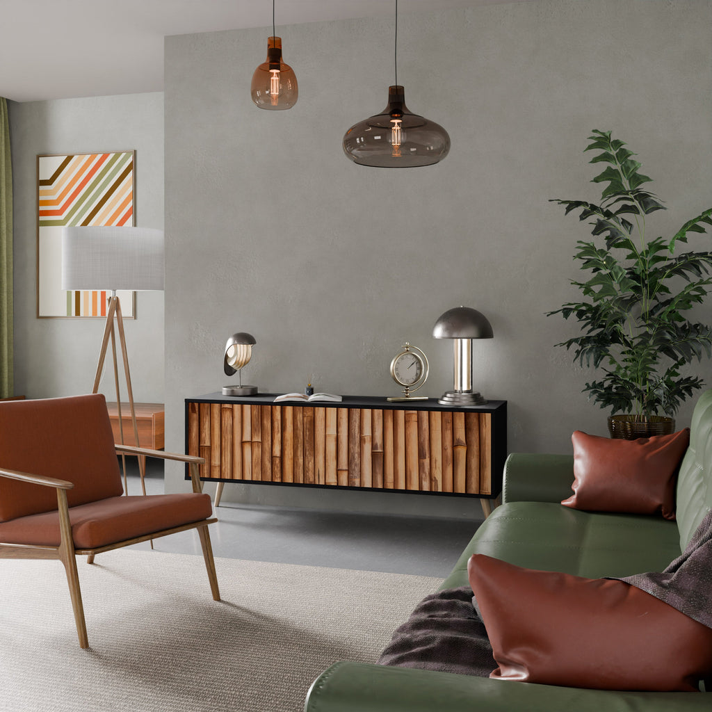 Meuble TV 3 portes en BOIS NATUREL finition noire