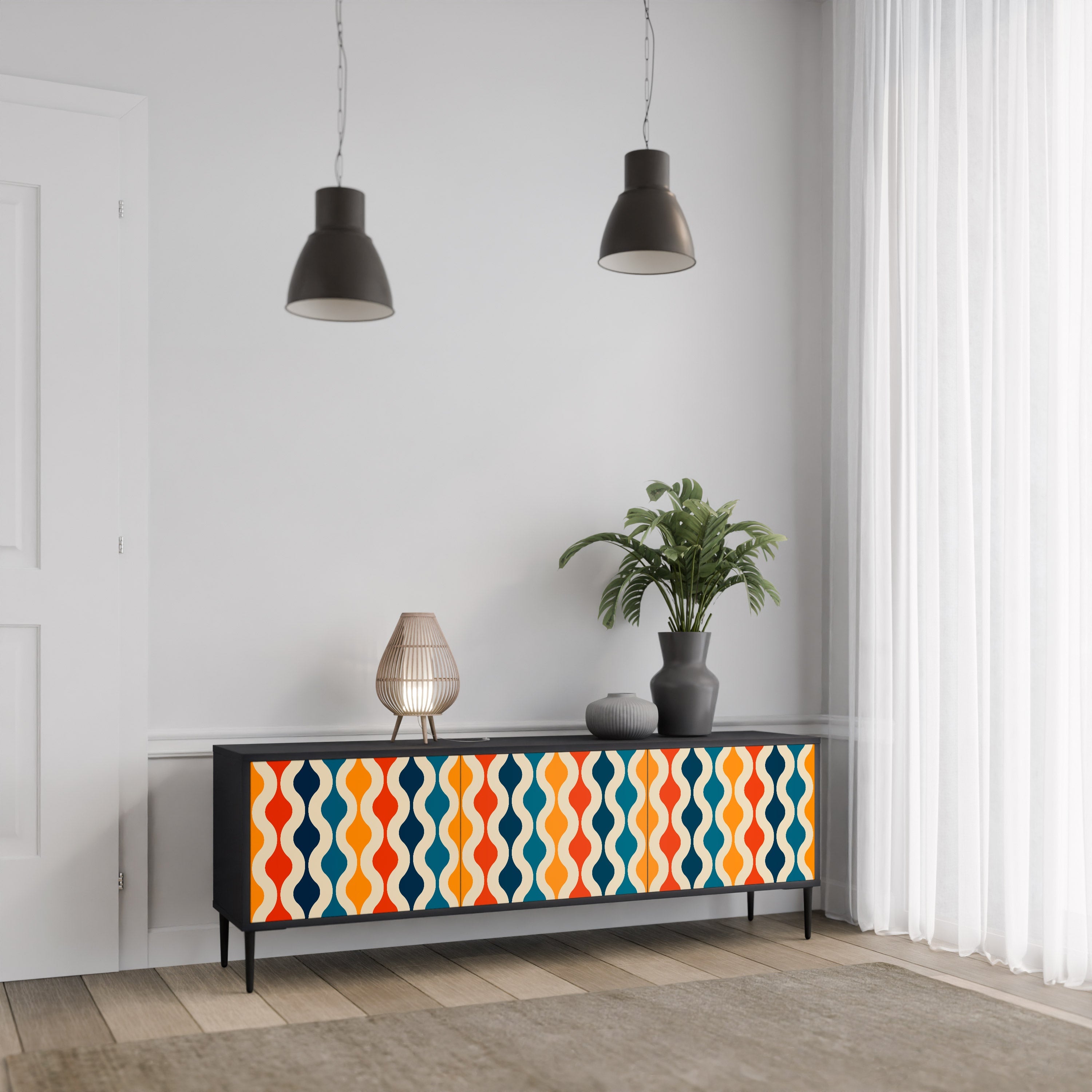 Meuble TV 3 portes COLORFUL NOSTALGIE en finition noire