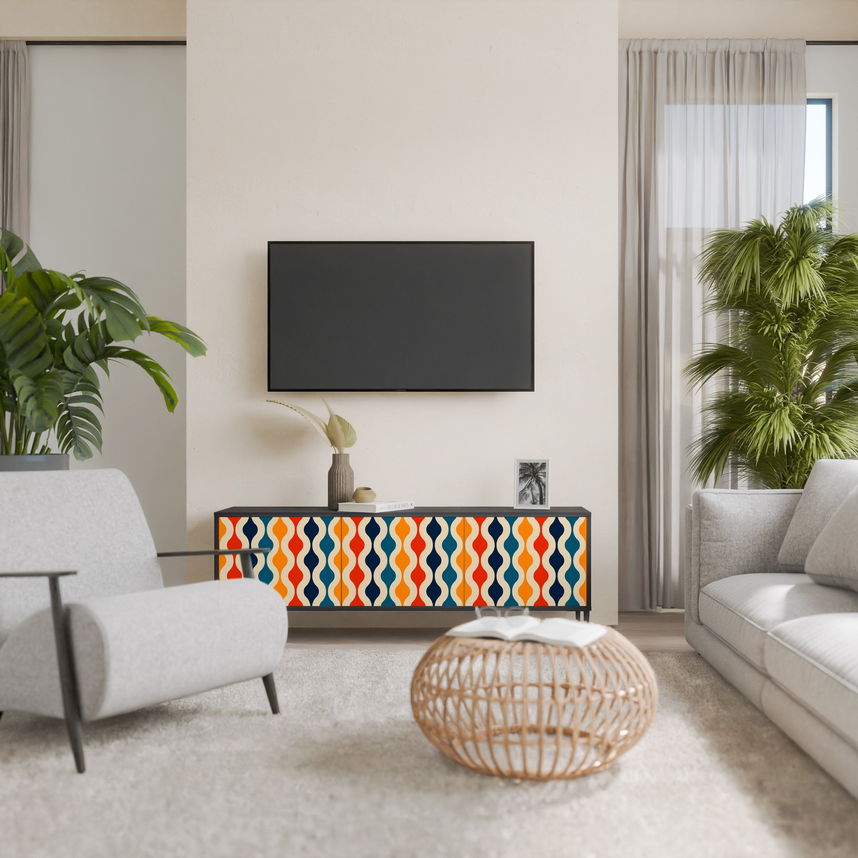 Meuble TV 3 portes COLORFUL NOSTALGIE en finition noire