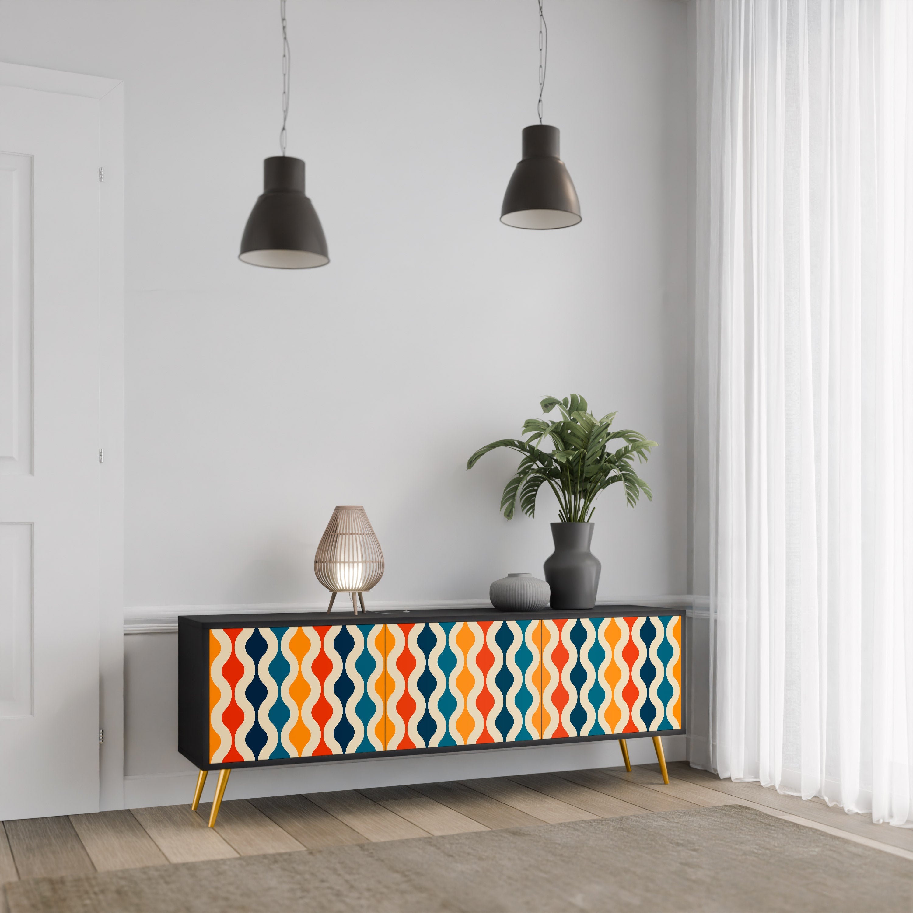 Meuble TV 3 portes COLORFUL NOSTALGIE en finition noire