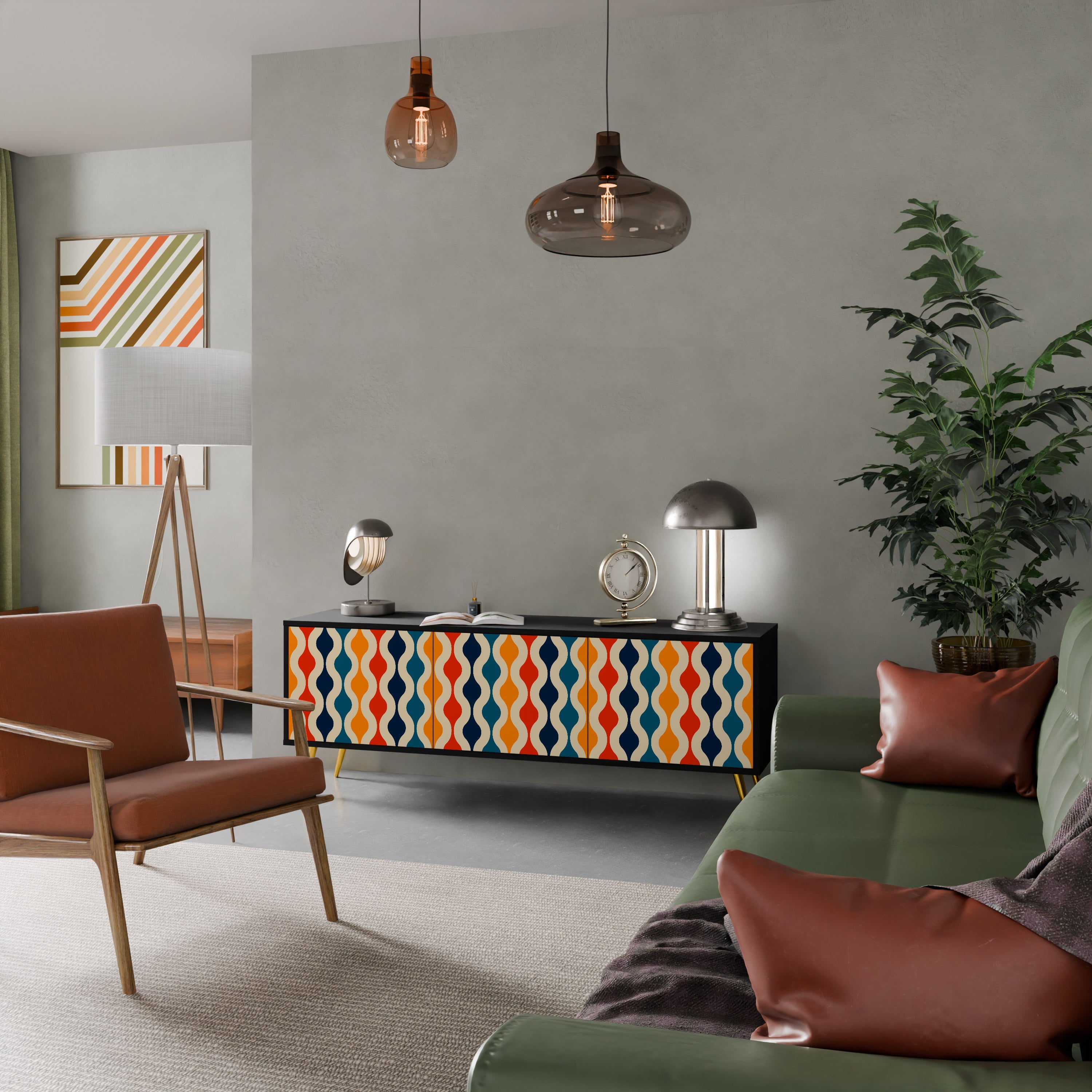 Meuble TV 3 portes COLORFUL NOSTALGIE en finition noire