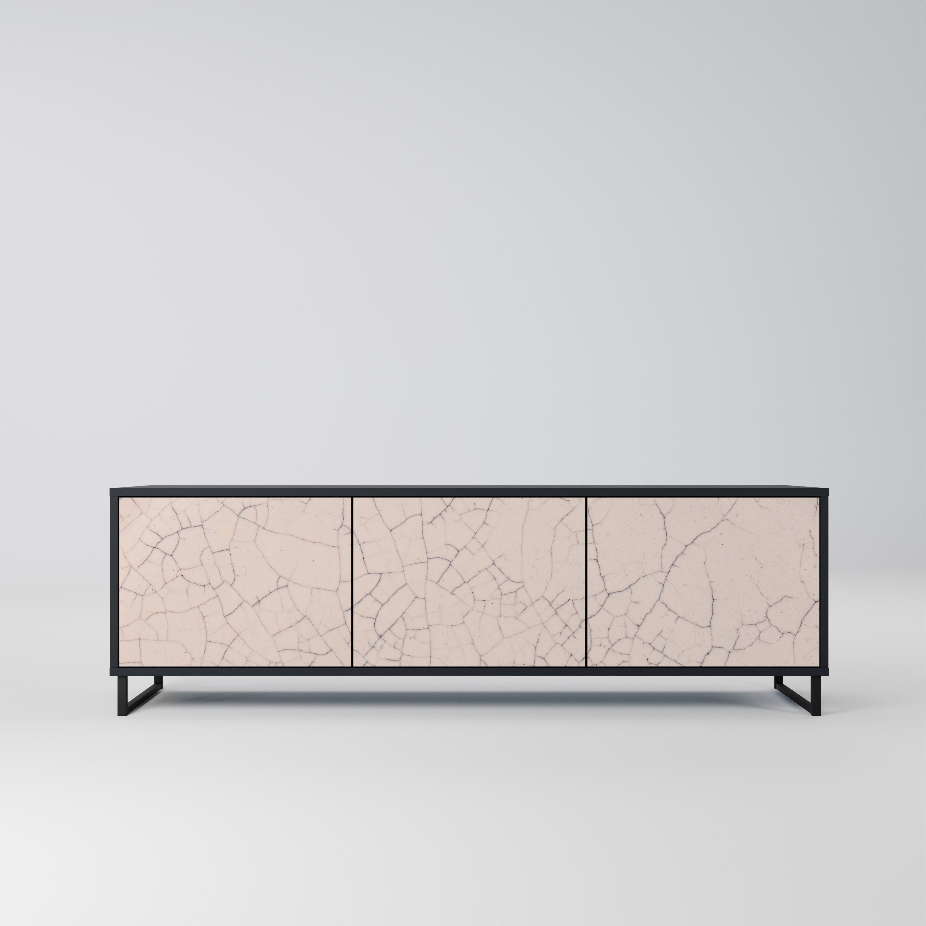 Meuble TV 3 portes en céramique texturée, finition noire