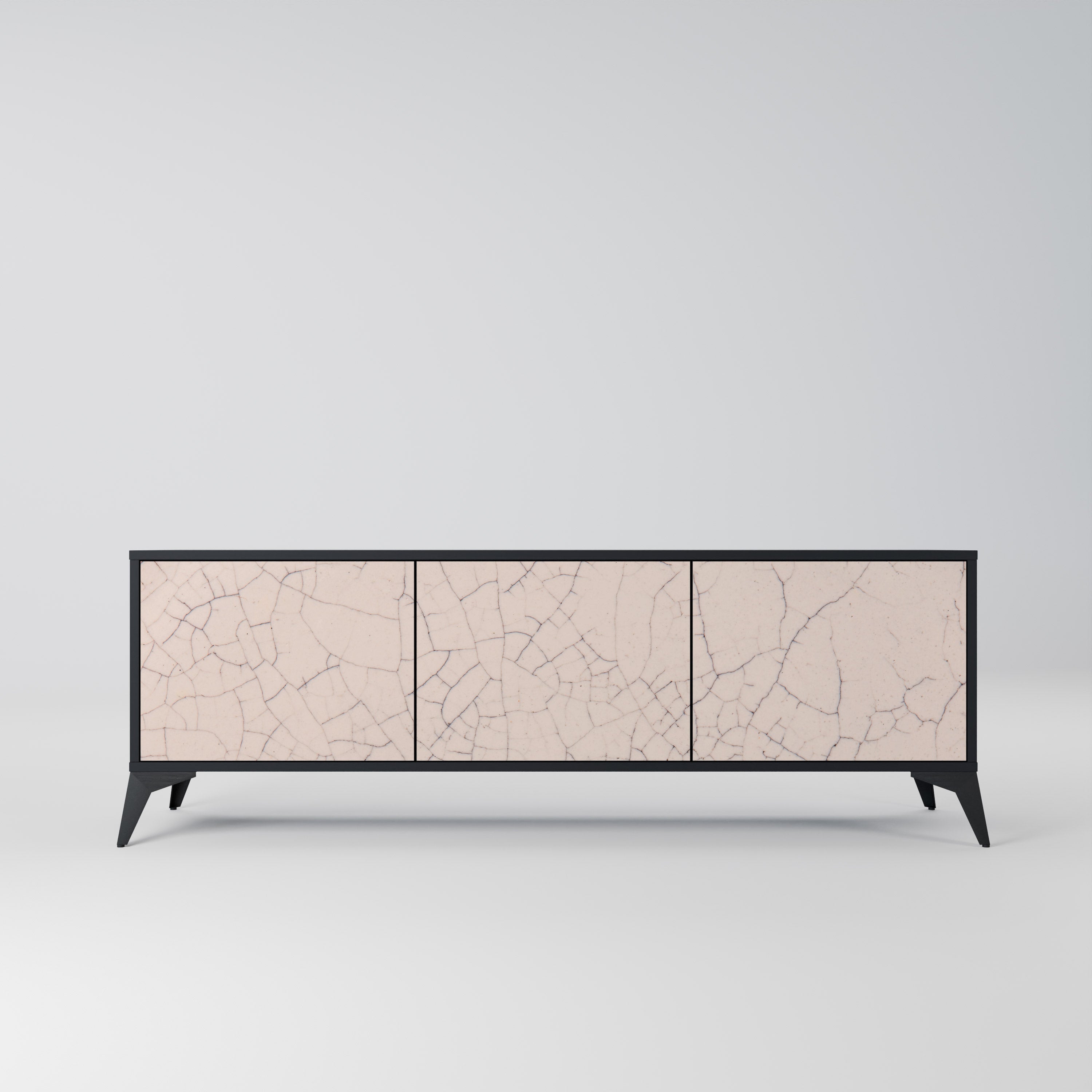 Meuble TV 3 portes en céramique texturée, finition noire